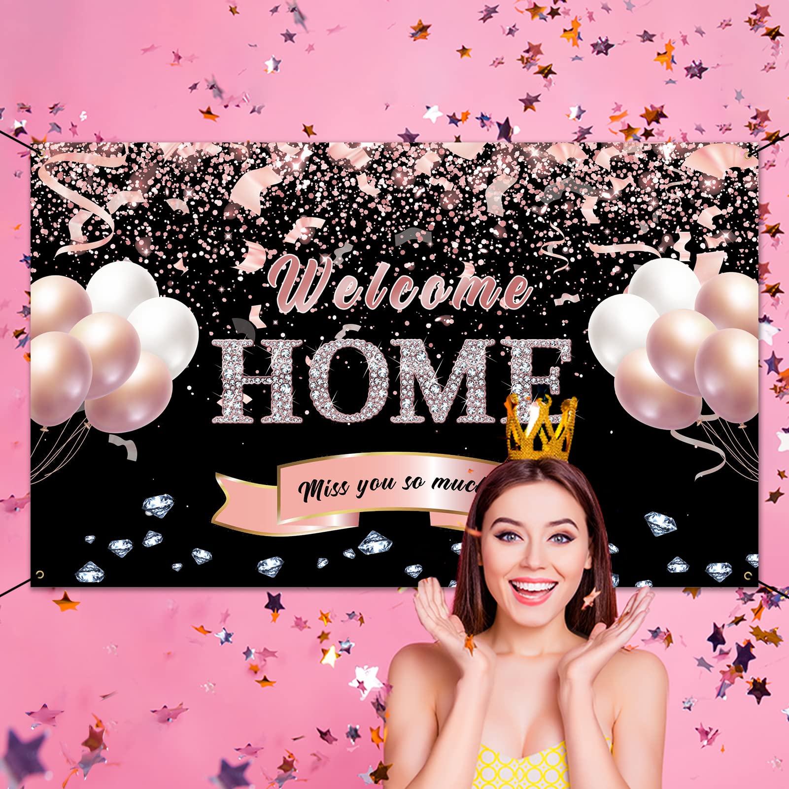Cartel De Bienvenida A Casa 'We Missed You So Much' Con Purpurina Negra, Incluye Corazones Rojos, Casa Familiar, Cinta Ajustable, Reutilizable Para Fiestas Y Regresos