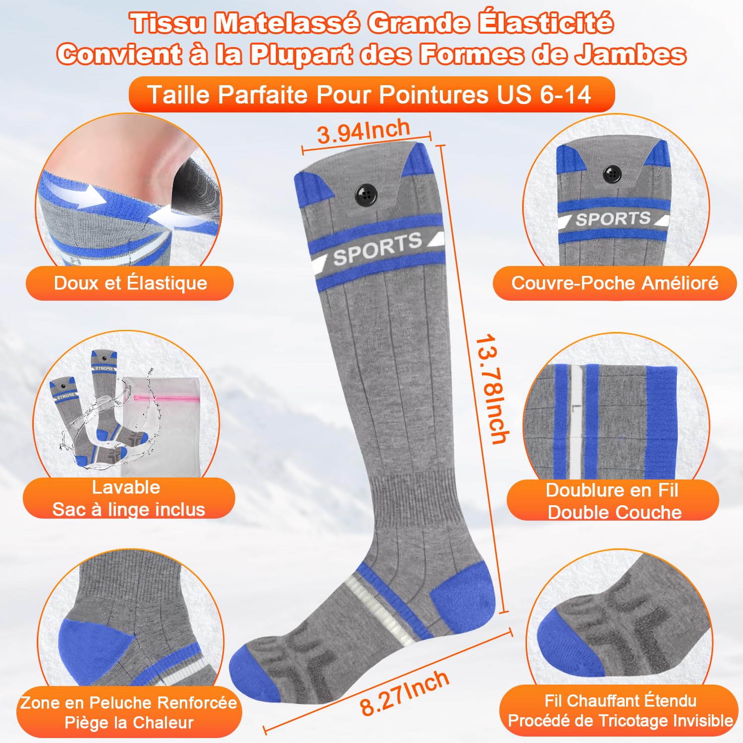 Chaussettes Chauffantes Homme Femme avec Télécommande APP Chauffe-Pieds,8000mAh Rechargeables Chaussettes Chaudes Electriques,Chauffage de la Plante du Pied pour Ski Camping Cyclisme(Bleu Foncé Gris)
