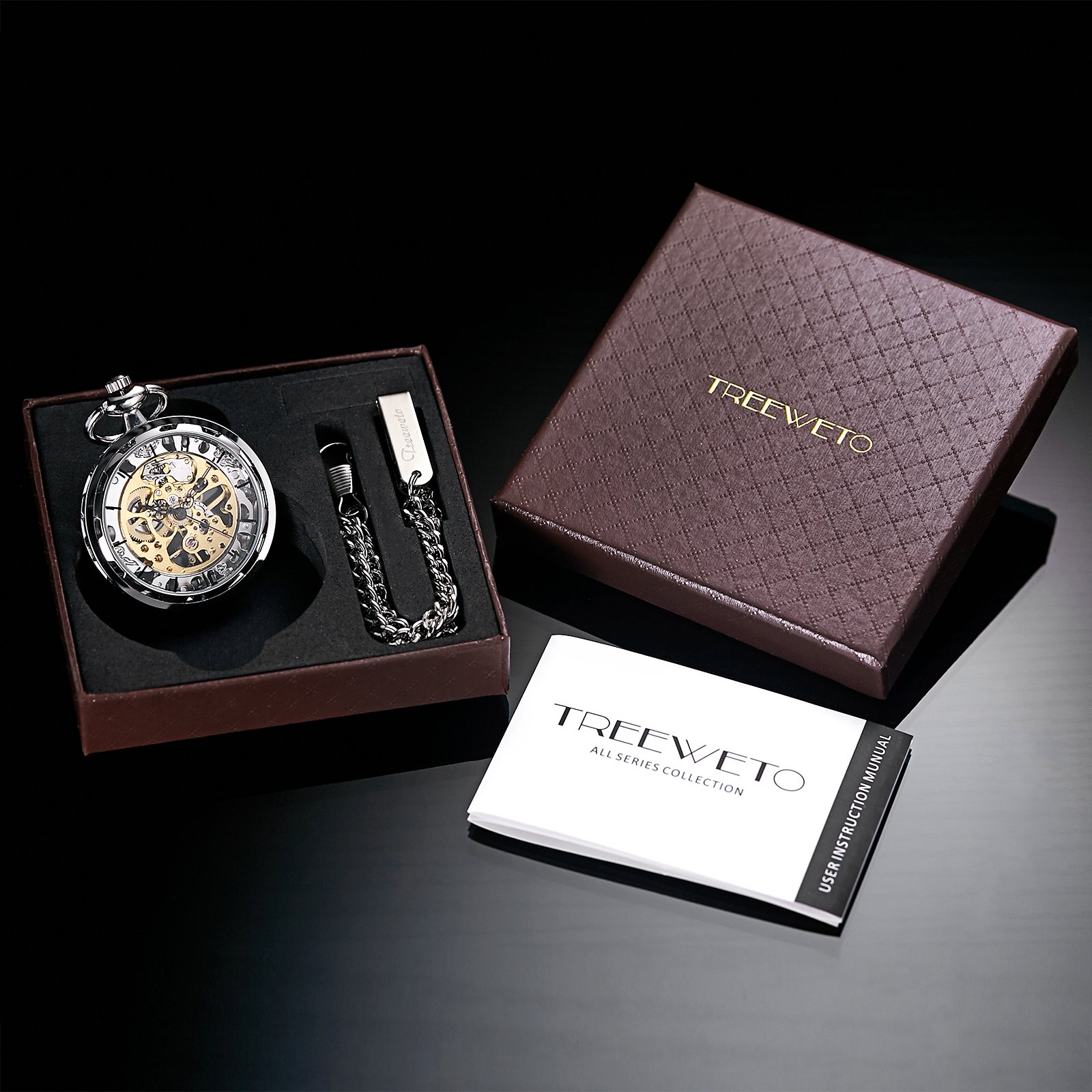 TREEWETO - Orologio scheletrato da uomo da tasca con catena, analogico, con carica manuale, movimento aperto