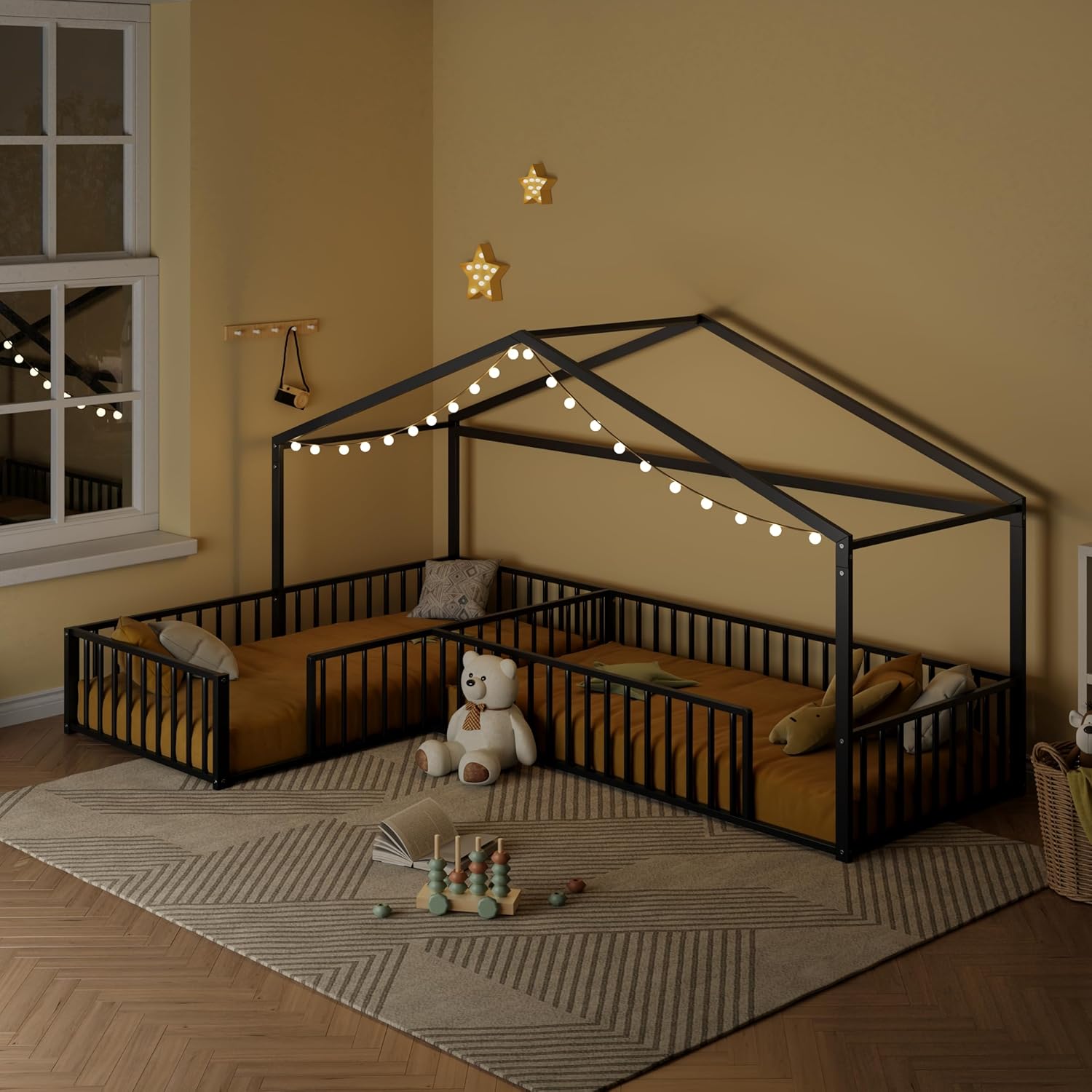 Double Twin Bed Frames for Kids, Metal House L Shaped Floor Bed with Fence, Corner Montessori Bed with Without Slats Black