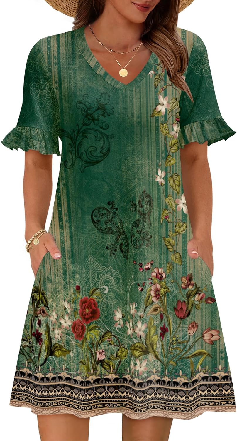 Zeagoo Summer Casual Dresses for Women A Line Sun Dress Ruffle Short Sleeve V Neck Floral Tshirt Dress with Pockets
