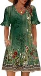 Zeagoo Robes d'été pour femmes Robe de soleil Ruffle manches courtes V Col Robe de t-shirt floral avec poches