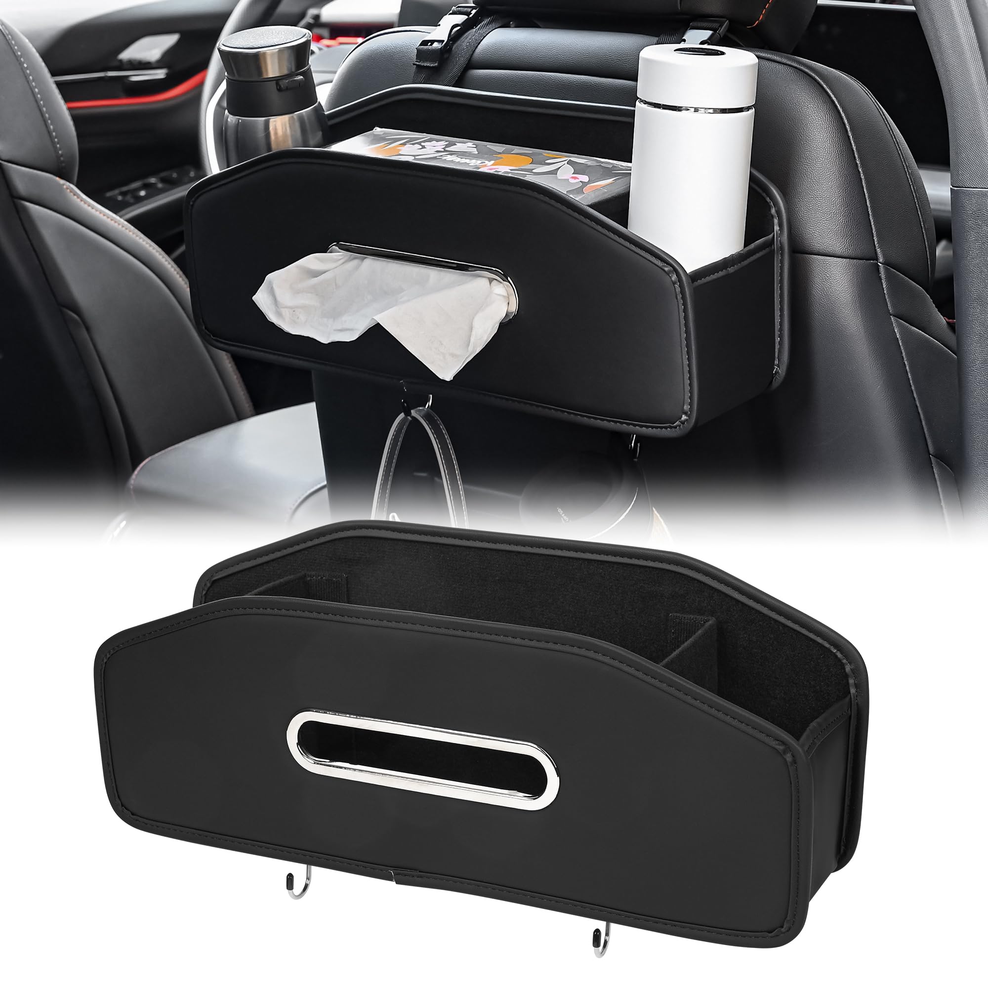JEYODA Car Seat Back Organizer with 2 Drink Cup Holder,Car Tissue Holder and Storage Box Hook, 3 in 1 Multifunctional Storage for Food Drink Phone,
