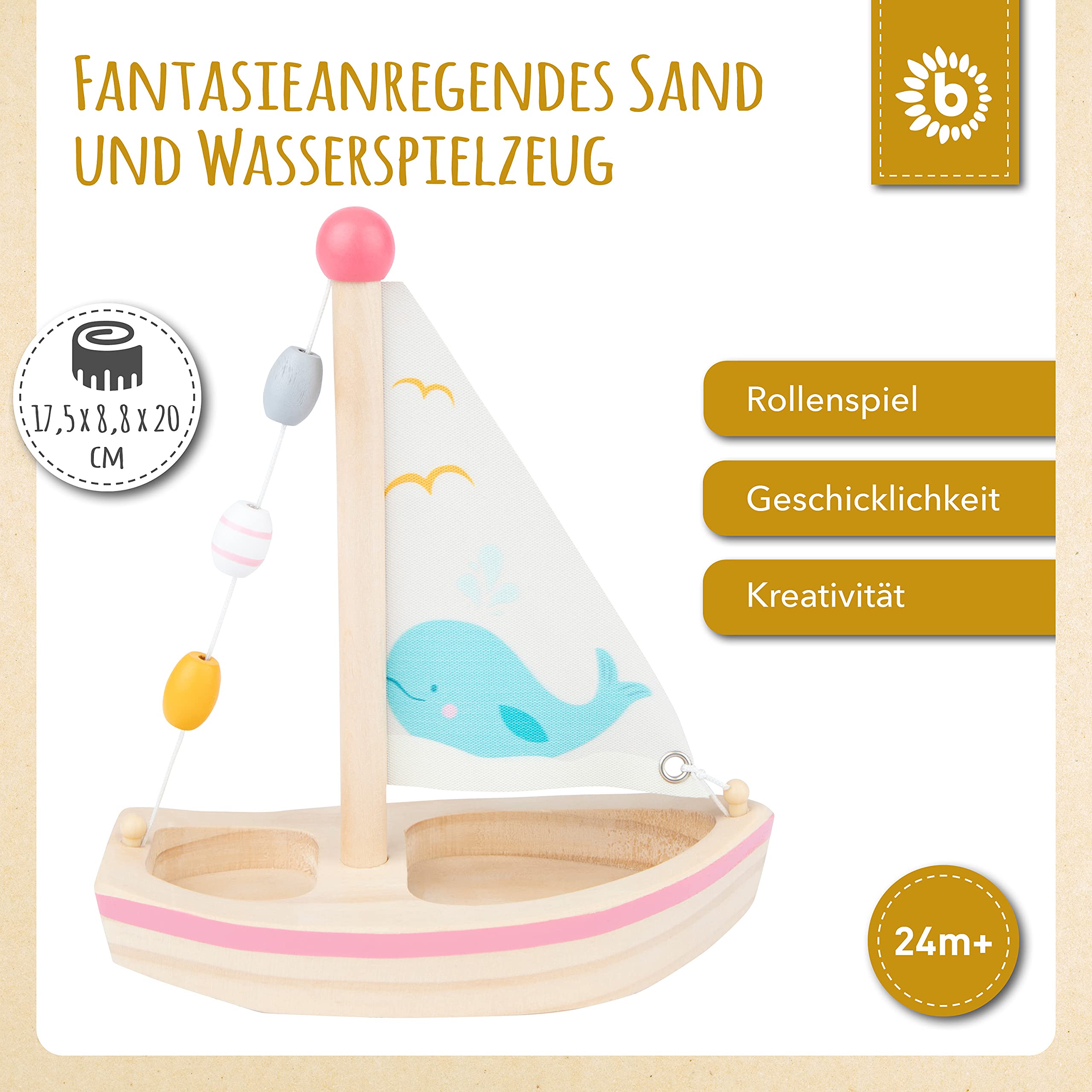 Bieco Holz Schiff für Kinder - Segelboot Spielzeug Boot Wasser - Kinderspielzeug für Kleinkinder - Sandkasten Deko