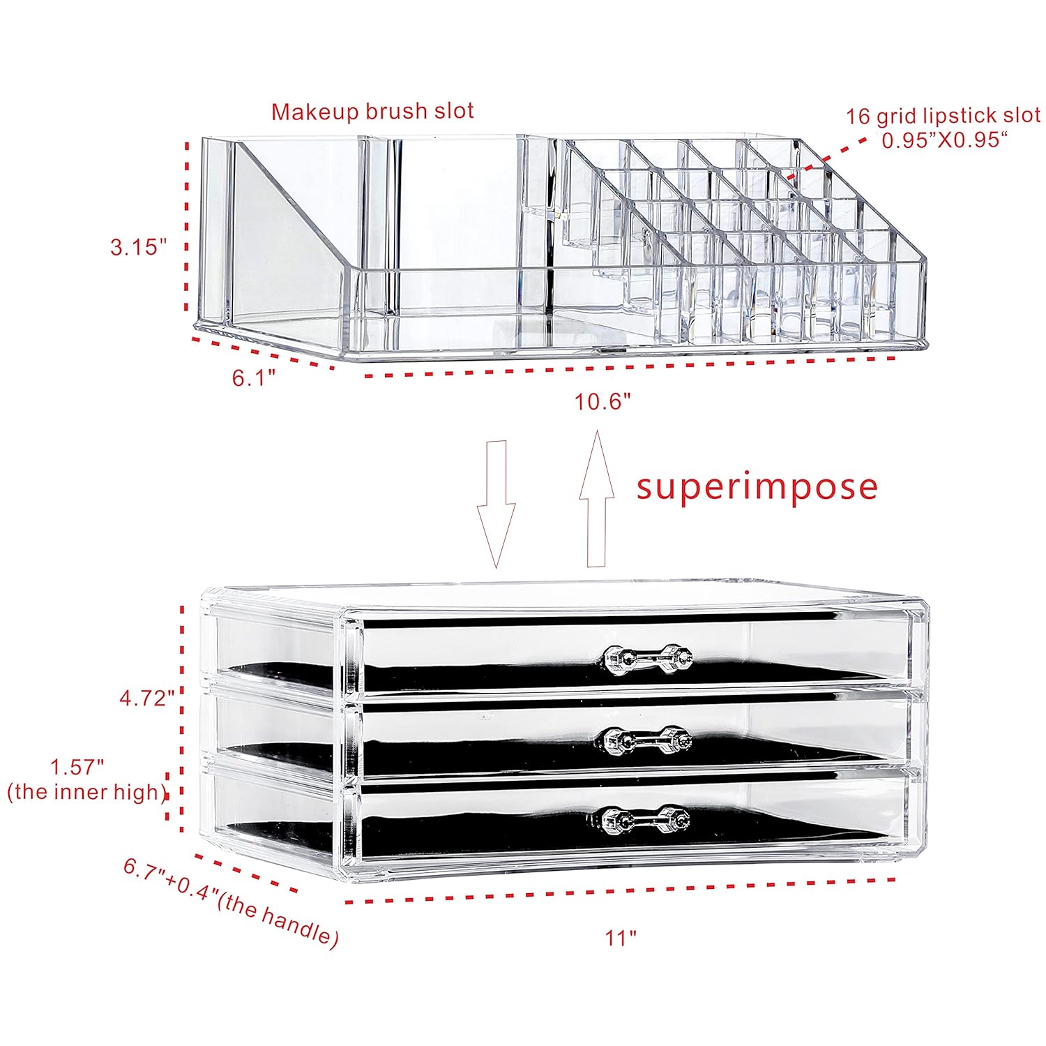 Extra Large Clear Makeup Organizer Skin Care Cosmetic Display Cases Stackable Storage Box Make up Container Cube With 3 Drawers,Set of 2 By Cq acrylic : Beauty & Personal Care