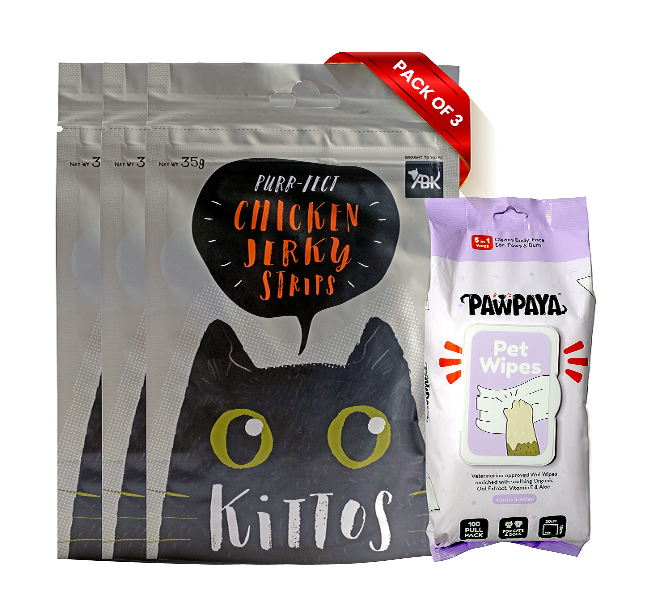 Combo of Pawpaya 5 in 1 Multipurpose Pet Cleaning Wet Wipes for Cats and Dogs-(Pack of 1) and Kittos Healthy and Tasty Chicken Jerky Strips Cat Treats, 35g-(Pack of 3) (B0BY4XCBXJ) Amazon Price History, Amazon Price Tracker