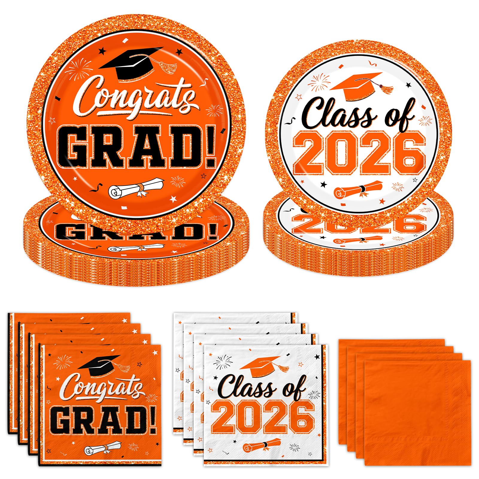 Graduation Plates and Napkins 2026, 200pcs Orange Graduation Decorations Class of 2026 Grad Congrats Orange Plates and Napkins Party Supplies for