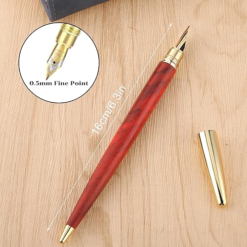 Miniatura 2 de Amaxiu Pluma estilográfica de madera, hecha a mano de punta fina de 0.020 in, juego de pluma estilográfica de madera vintage con 10 cartuchos de