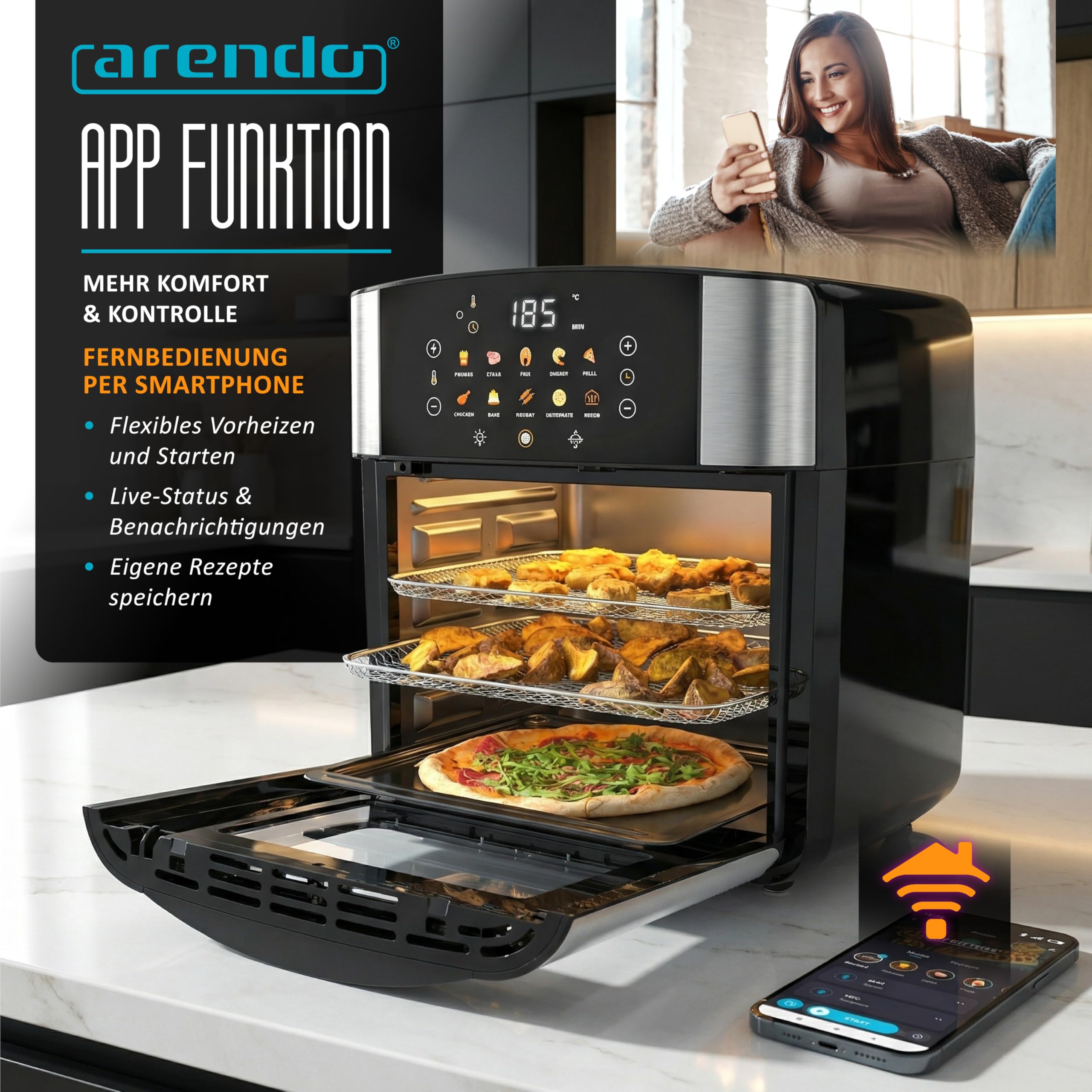 Arendo - Wlan Heißluftfritteuse XXL 16 Liter - Smart WiFi mit App - extra Groß 16 Liter - Backofen Umluft - Grill - Dörrautomat - Air Fryer - Easy&Clean - Fritteuse ohne Öl - Pizza Hähnchen Pommes
