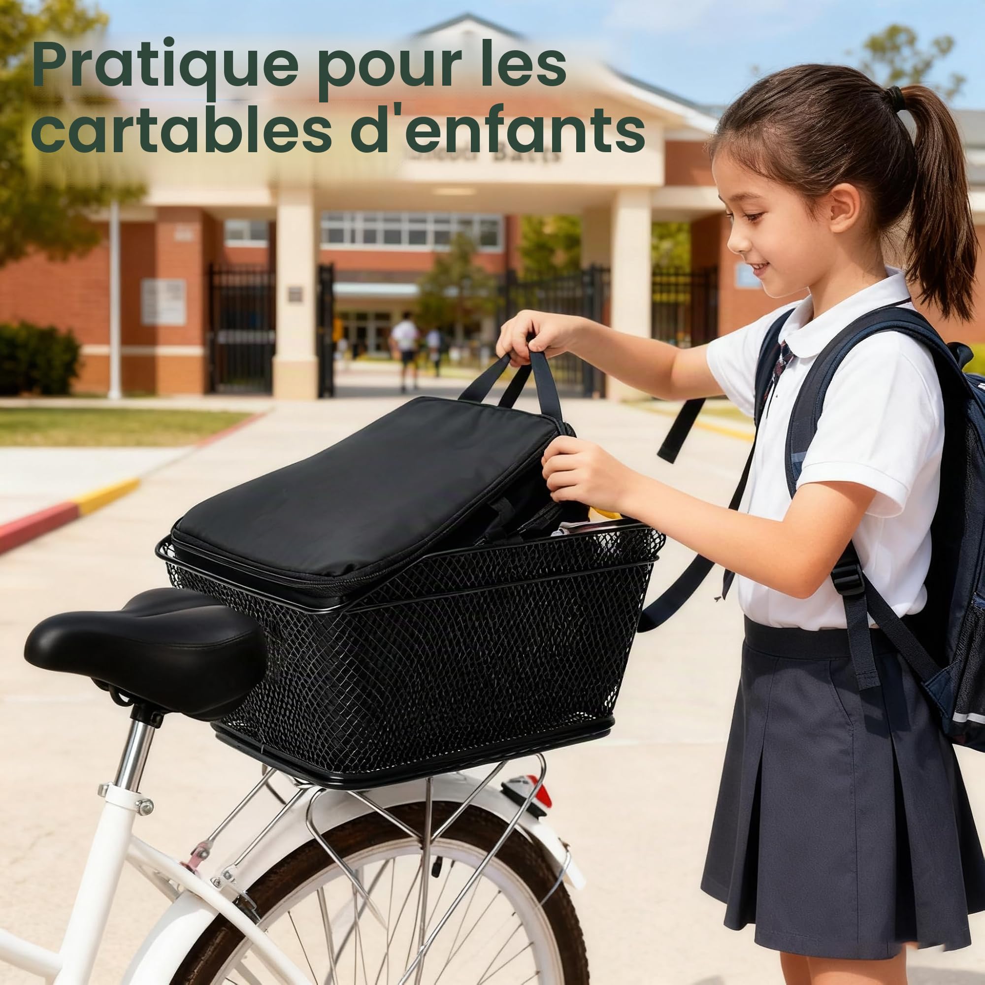 Panier arrière de vélo 20 L Capacité 20 kg Roulement étanche Sac de rangement avec doublure en nylon noir Design à libération rapide pour l'extérieur