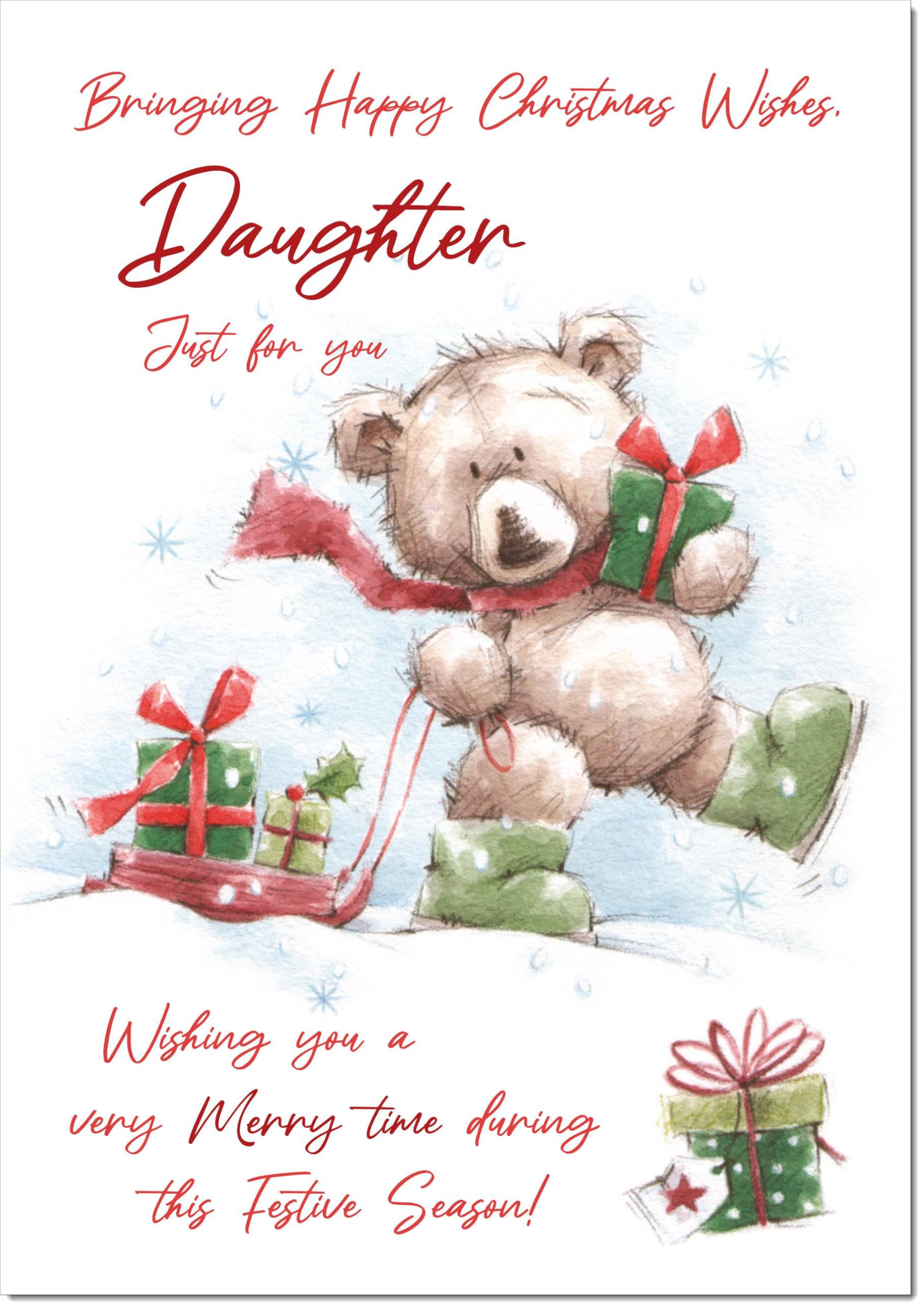 doodlecards Daughter Christmas Card Cute Bear with Sled Large A4 Size Christmas Card for Daughter with Plain Envelope — image 1