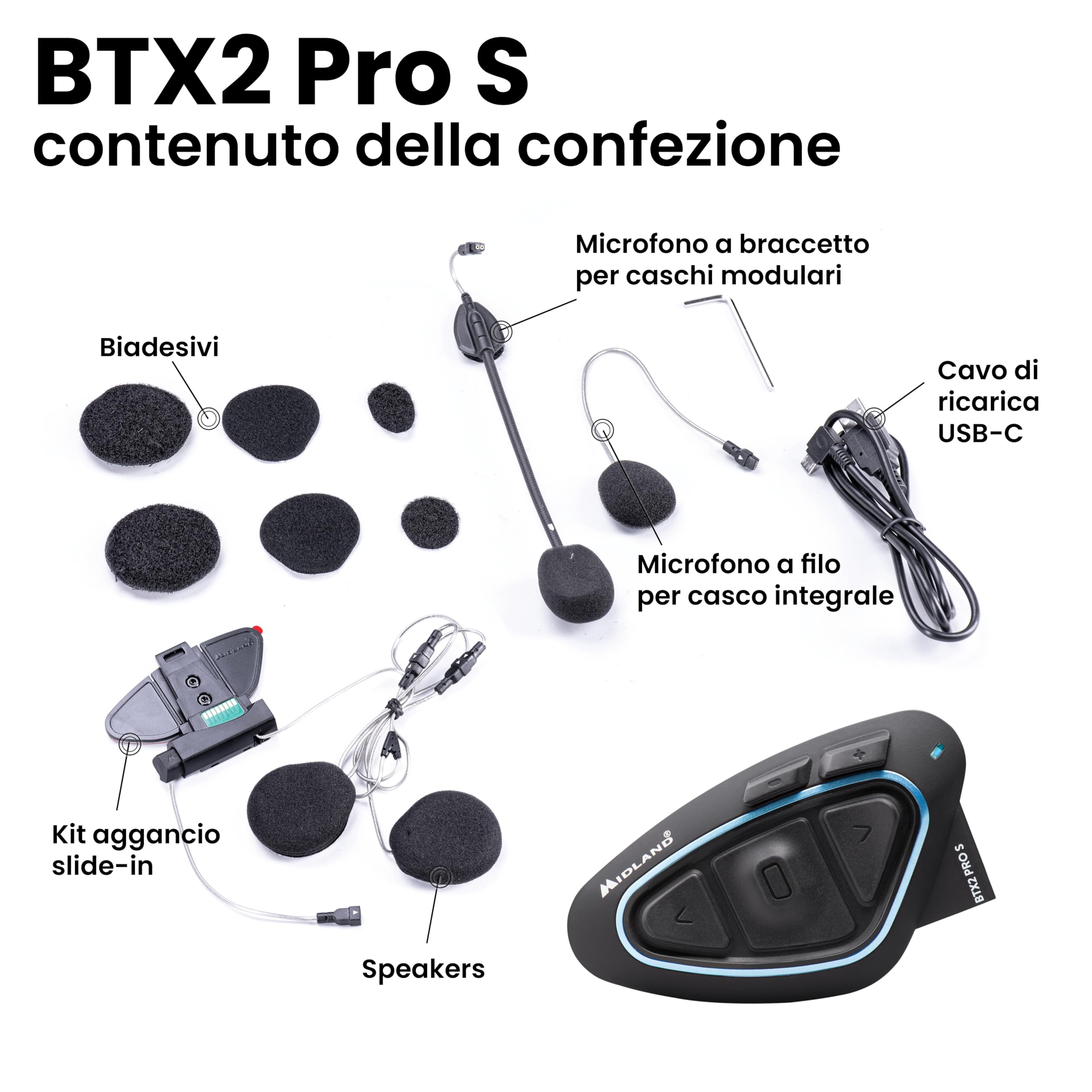 Midland Interfono Moto Bluetooth BTX2 Pro S Singolo, Auricolari Casco Impermeabili IPX6, Doppio Processore BT, 800 m, 4 Coppie, Batteria 23H, Cancellazione Rumore, Audio Hi-Fi