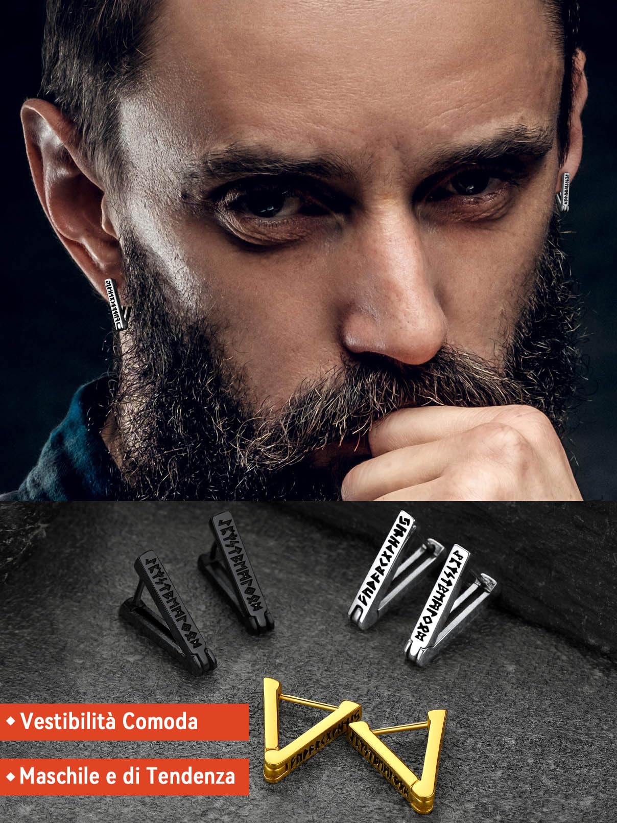 FaithHeart Uomo Donna Orecchini Cerchio di Rune Vichinghe Rune Celtiche Orecchini Cerchio Argento 925 / Acciaio Inox Antiallergico con Onice Gioielli Amuleto Nordico