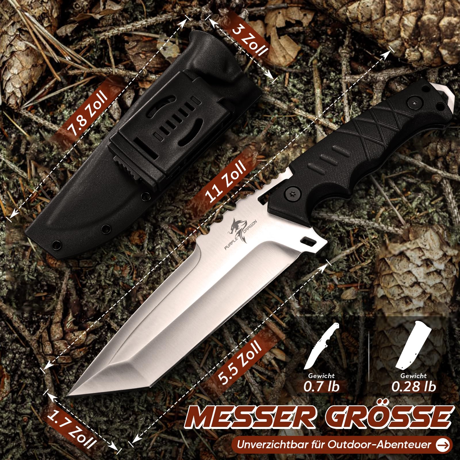 Purple Dragon Outdoor Messer Survival - mit Kydex Scheide, Feststehende Klinge aus einem Stück D2 Stahl, Full Tang Tanto Messer mit G10 Griff für Camping, Geschenke für Männer, Schwarz