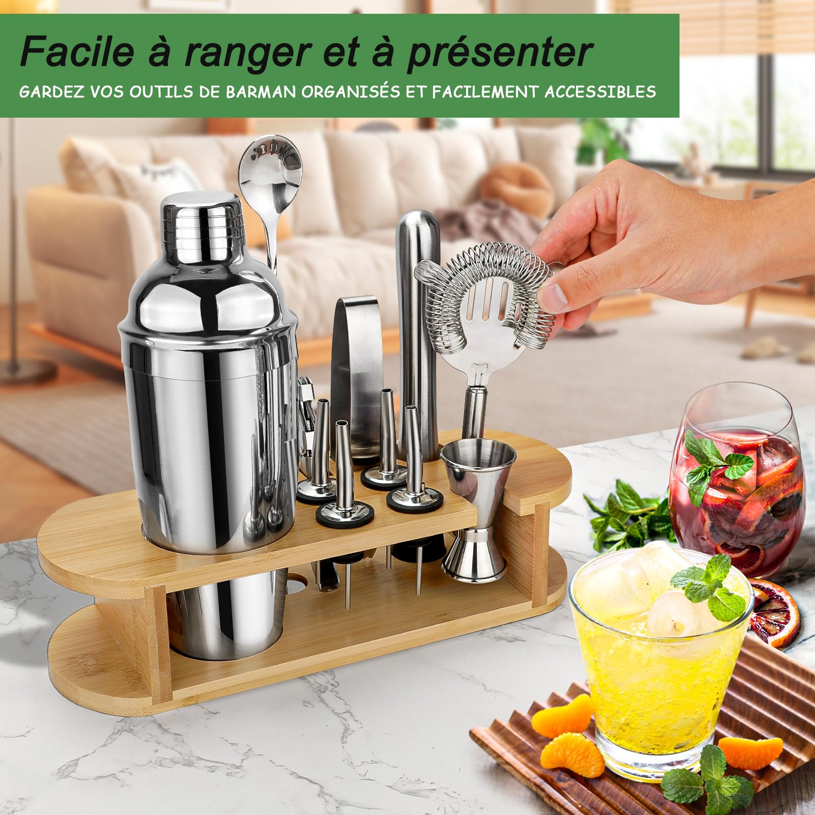Ensemble Shaker à Cocktails avec Support, Mixeur à Boissons en Acier Inoxydable avec Tous Les Accessoires Essentiels, Kit d'outils de Bar Professionnel, Cadeau pour Homme, Papa, Femme