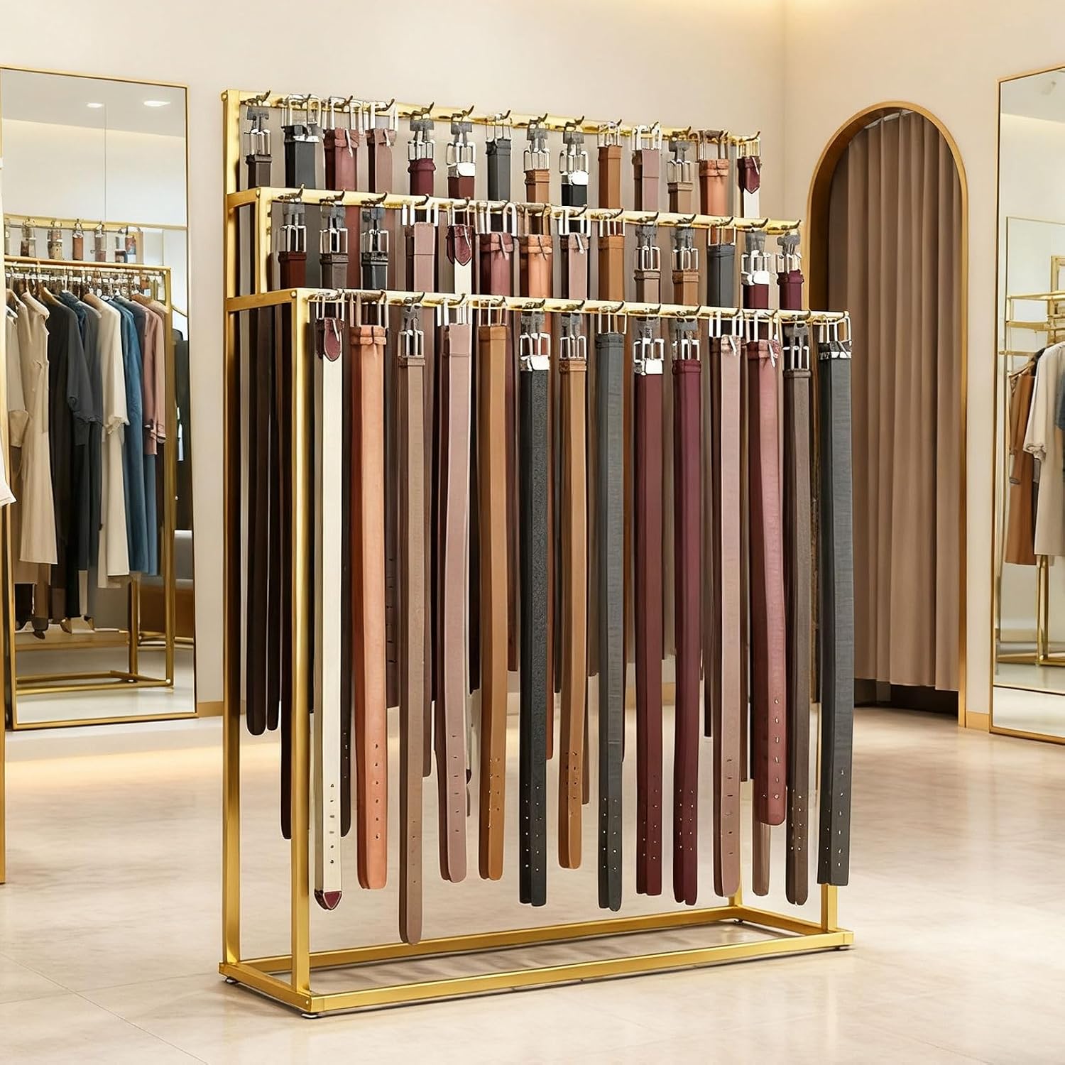 Floor Mounted Belt Hanger, Stepped Belt Display Rack with Hanging Rods and Hooks, 21 Hooks, Lengthened and Bolded, Capacity for Ties, Scarves, Accessories(Black)