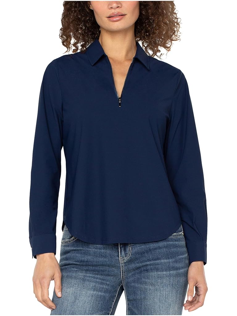 Navy Liverpool Los Angeles Long Sleeve Collared Zip Front Knit Shirt