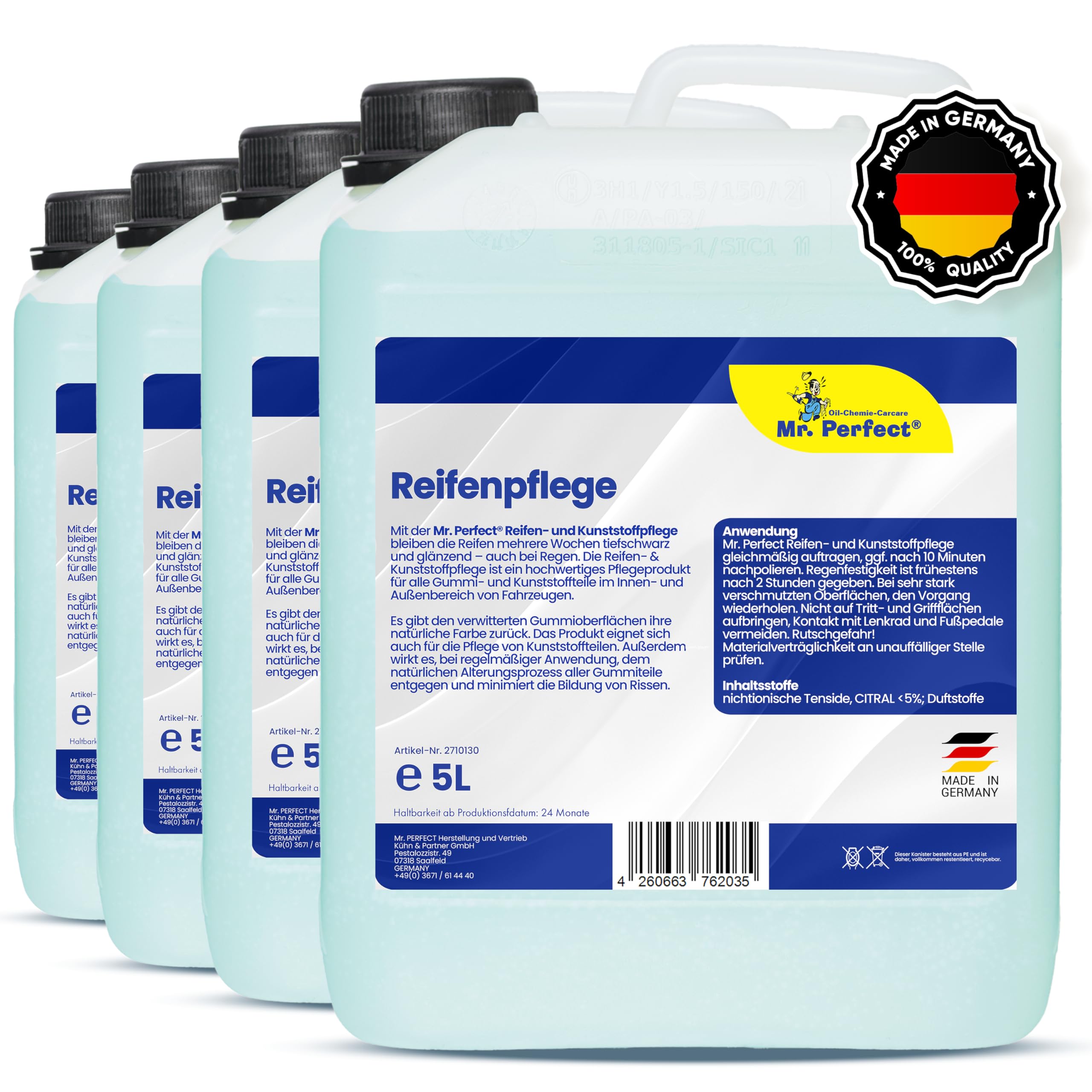Mr. Perfect® 4x5L Reifenglanz - Auto Kunststoffpflege & Gummipflege für Außen - Schwarz - Reifenpflege für Reifenglanz - Autoreifen Pflege und Reifen Reiniger - Reifenschwarz Auto