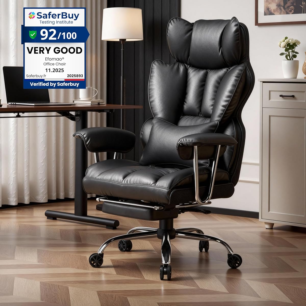 Efomao ergonomic PU leather office chair, large and high desk chair 200kg, adjustable high back computer chair, footrest and lumbar support : Amazon.se