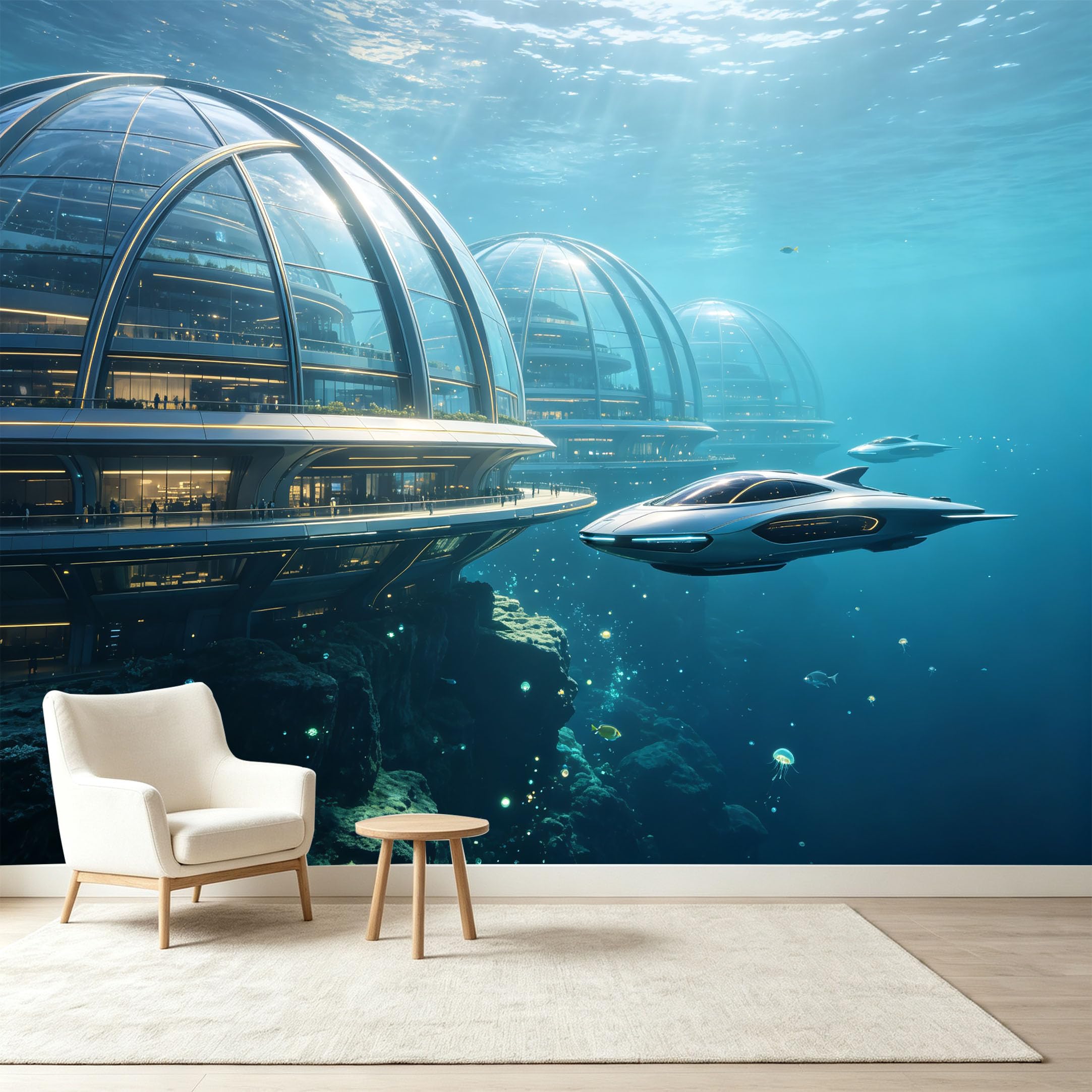 Custom Size Wall Murals Futuristic Underwater City Submarine Vehicle 3D Trompe L'Oeil Self-Adhesive Wall Fabric Removable Wallpaper Wall Decor for Living Room Bedroom Bathroom
