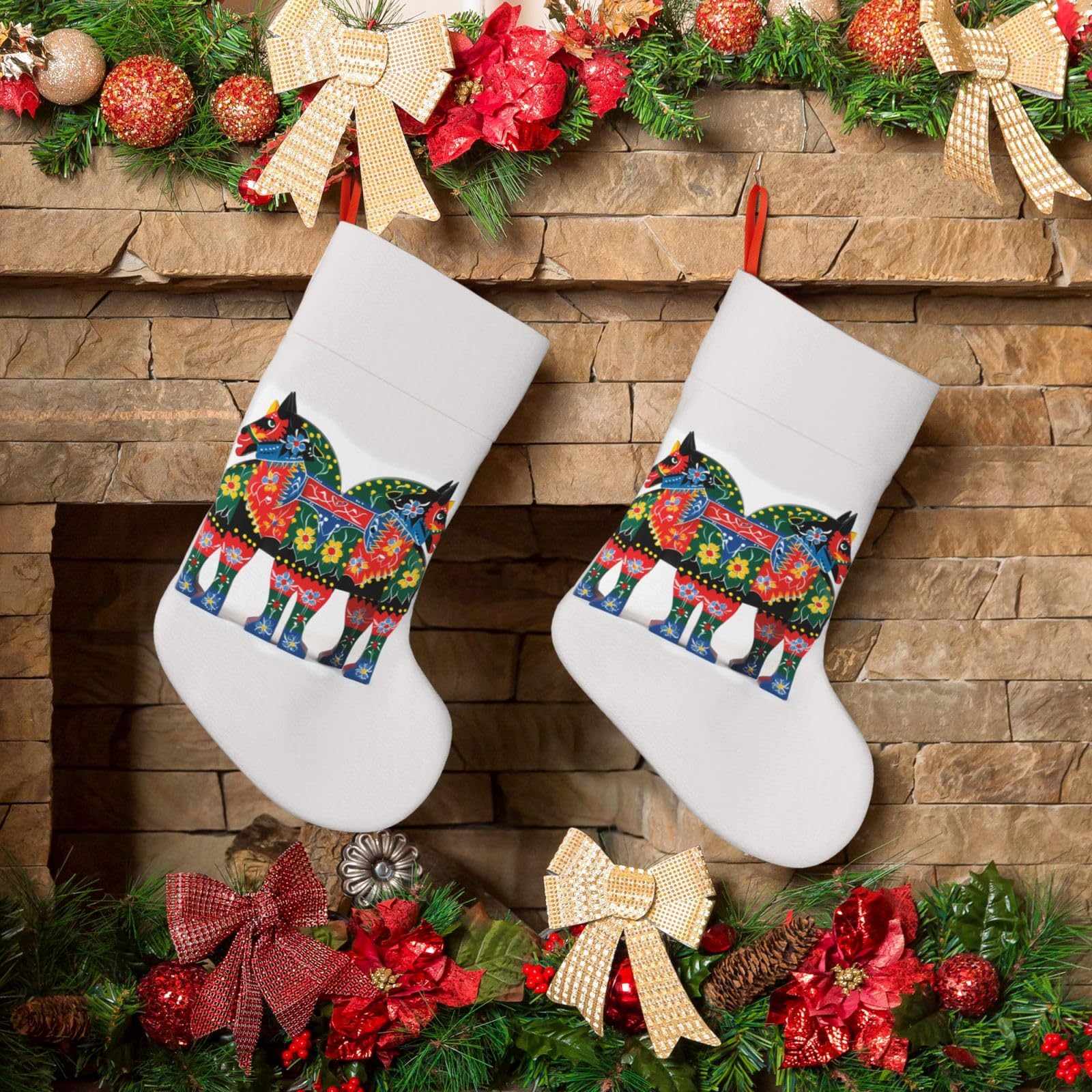 Fodpand Boys Black Runner Swedish Dala Horse Folk Christmas Stockings Hanging Ornaments For Holiday Decor, 18 Inches Velvet Fireplace Hanging Xmas Stocking, Candy Gift Bags For Christmas Decorations
