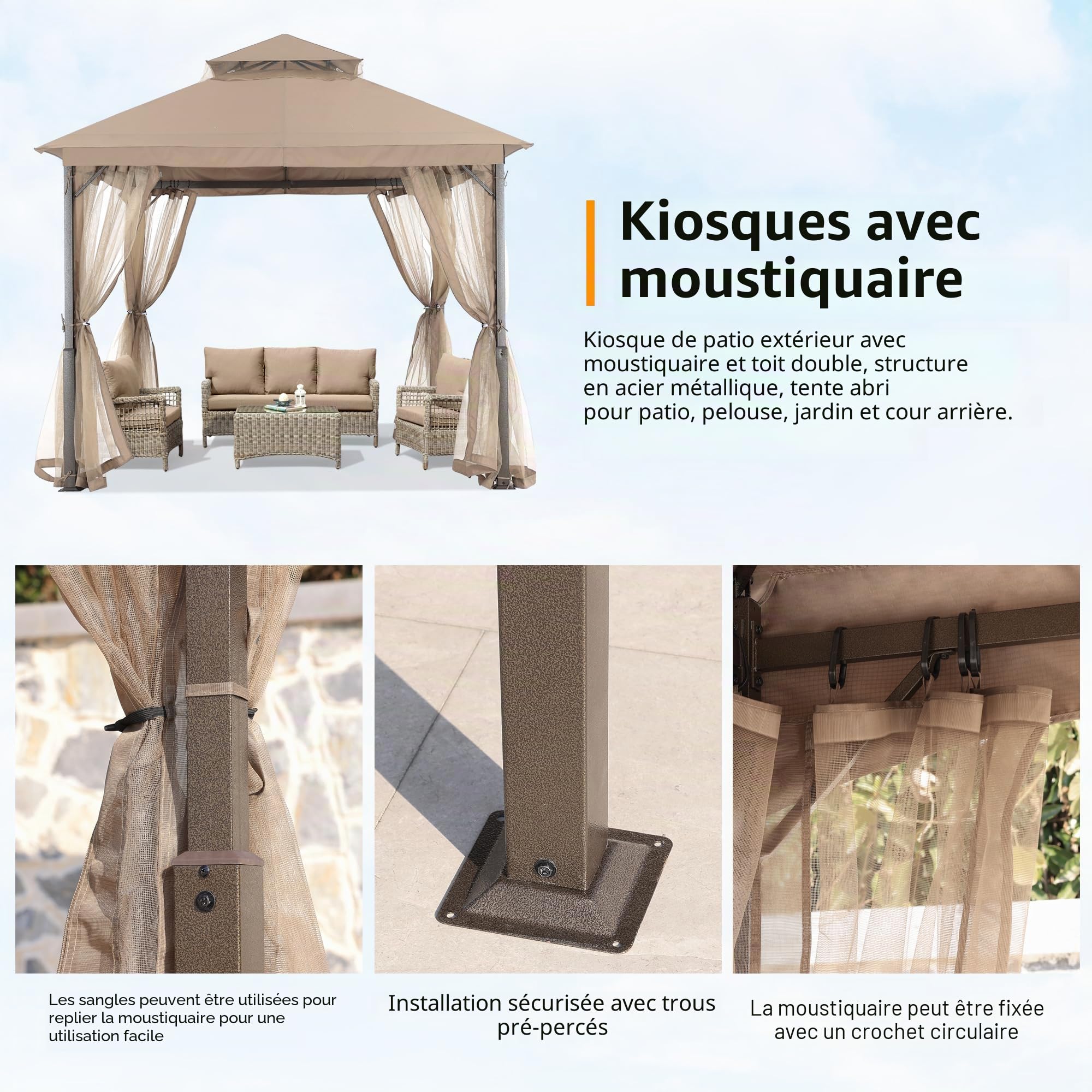 ABCCANOPY Tonnelle de terrasse robuste 2,4 x 2,4 m avec moustiquaire