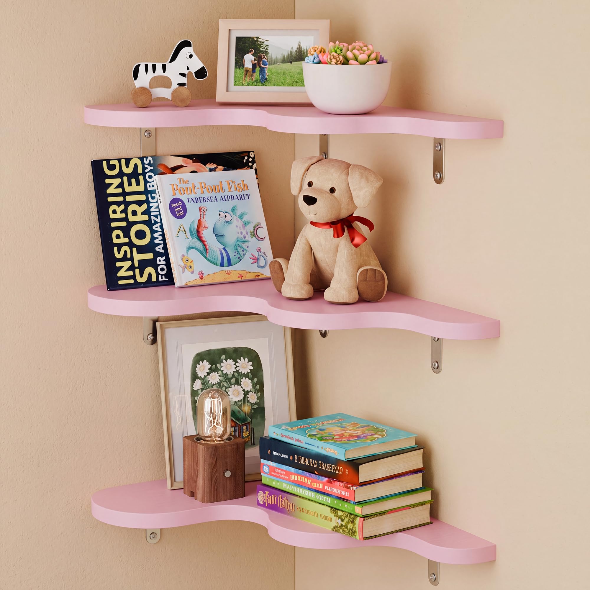 Ecowillon Cute Cloud Corner Shelves - Set of 3 Pink Wooden Floating Corner Shelves Wall Mounted, 90-Degree Space-Saving Nursery Shelves with Brackets, Kids Room Decor for Bedroom,Living Room,Bathroom — image 1