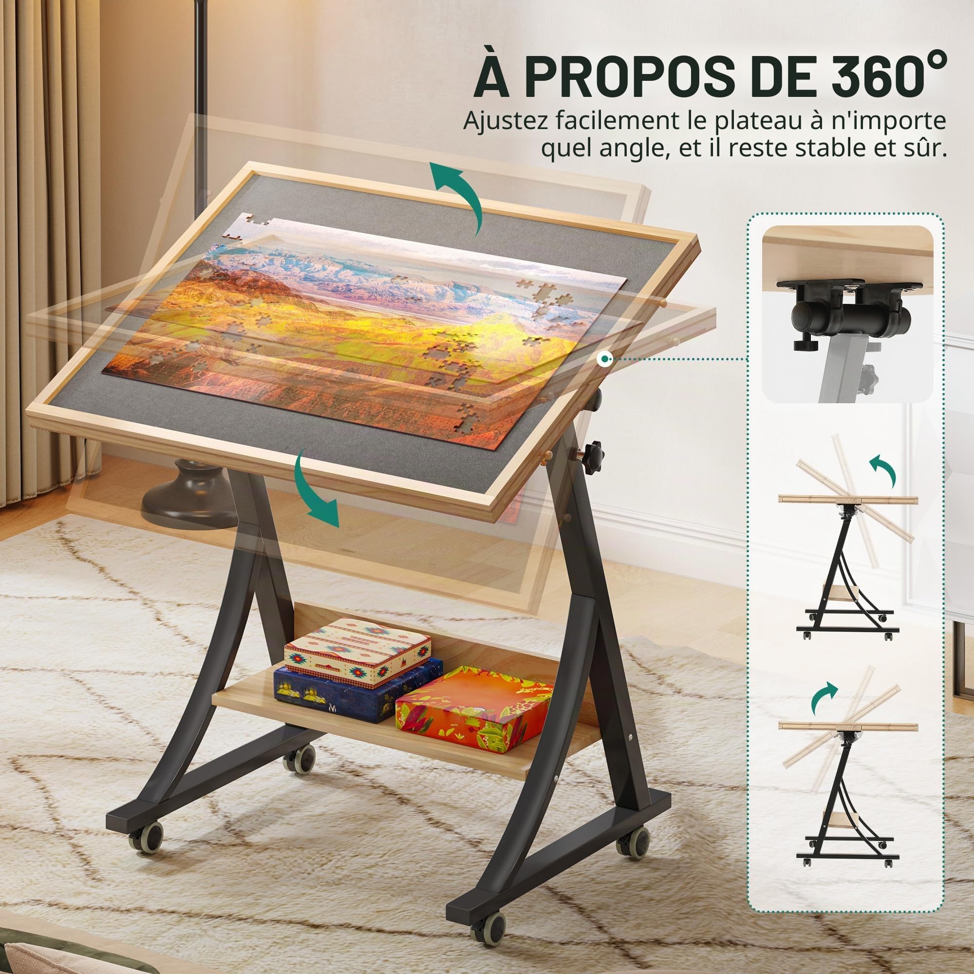YITAHOME Table de Puzzle de 1500 pièces avec 4 tiroirs, Planche de Puzzle inclinable réglable avec Angle d'inclinaison et réglage de la Hauteur, Tables de Puzzle Pliables Portables avec Couvercle et