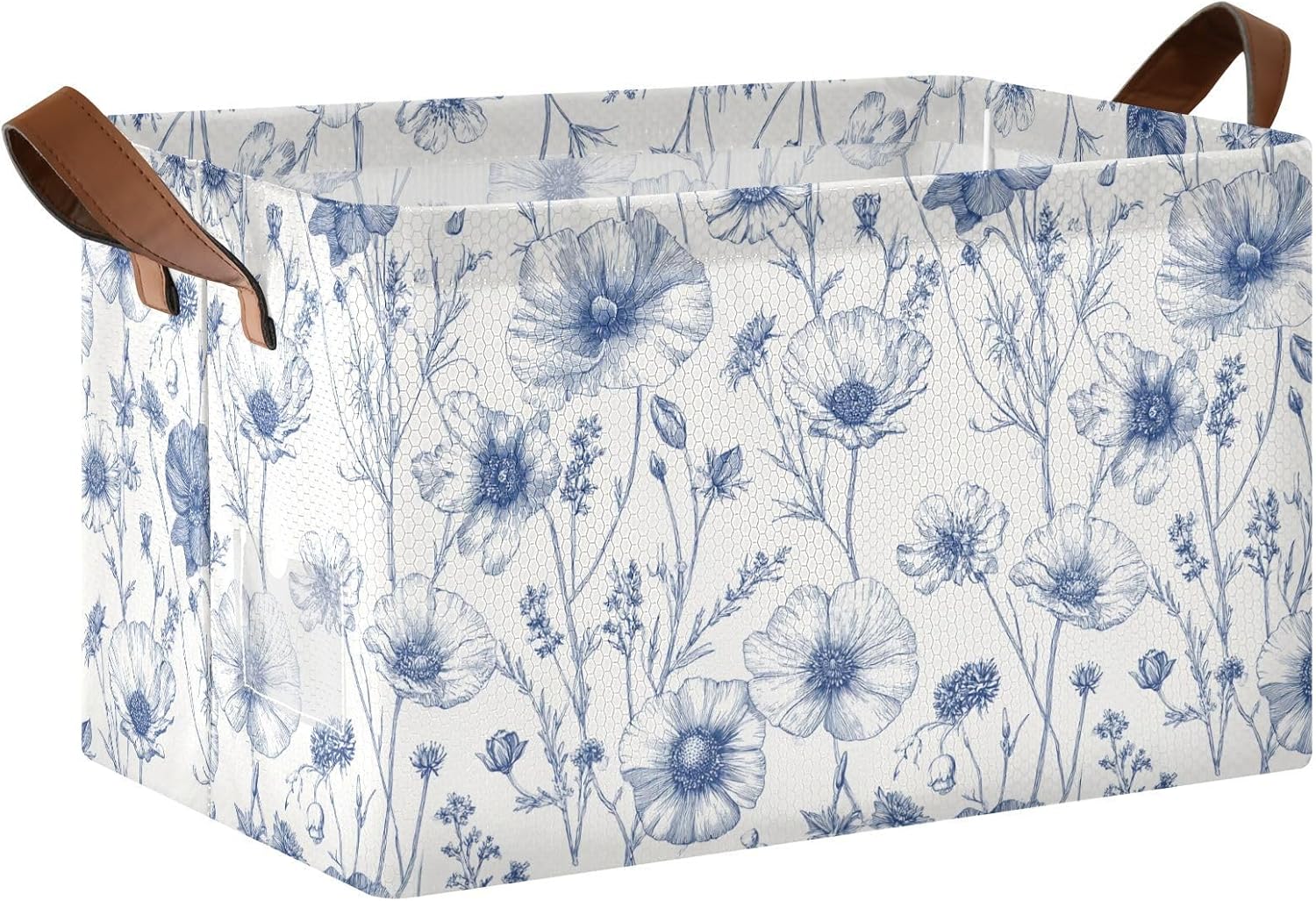 Vintage Blue Wildflower Retro Floral Storage Basket Foldable Cube Storage Bins with Handles&Labels Waterproof Organizer Box Bin Large Rectangle Baskets for Shelves Home Living Room Closet, 2 Pack