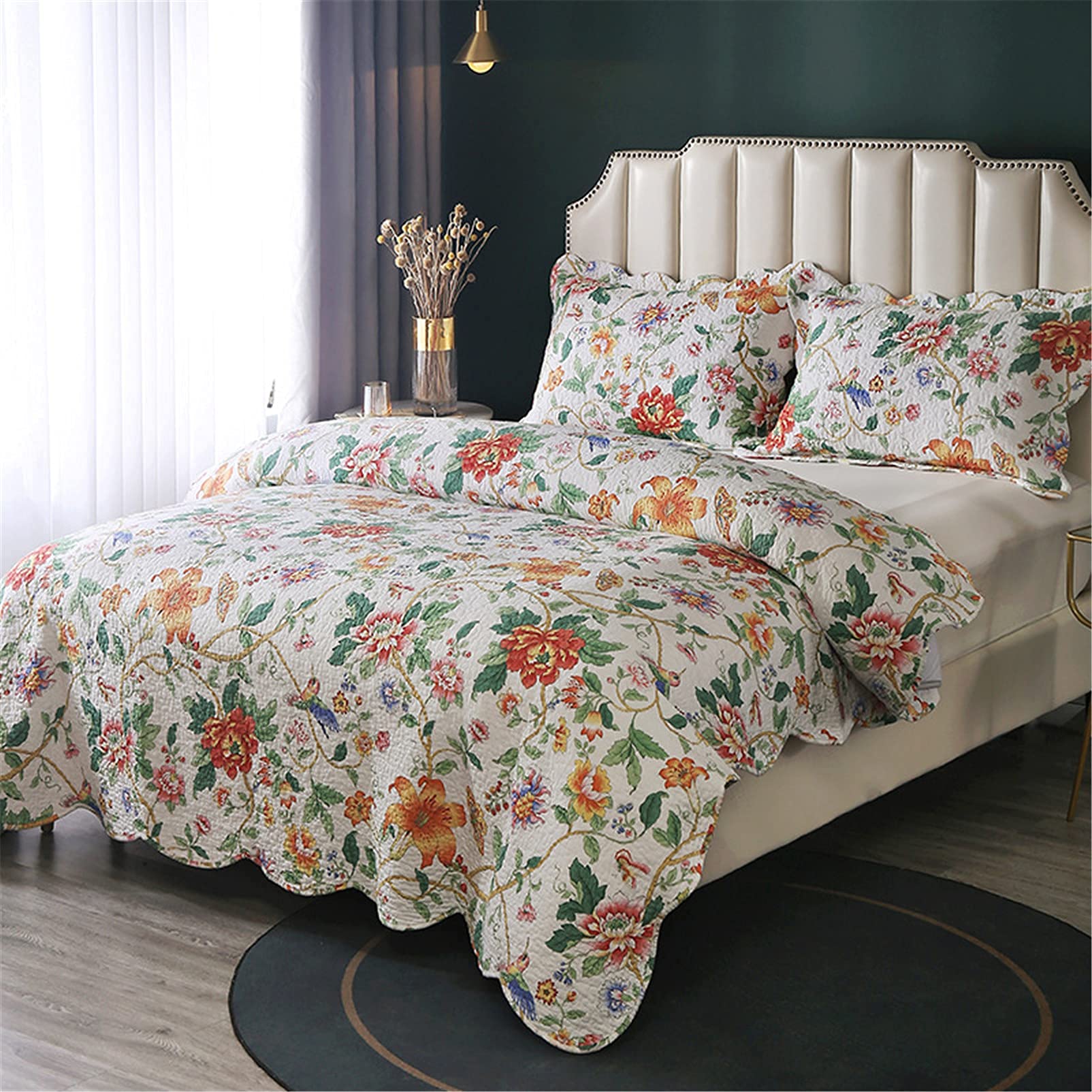 Juego de Colcha de Patchwork para Cama, de algodón, con diseño Floral, Cachemira, Reversible, Acolchada, con Volantes, Colcha Ligera, 3 Piezas,