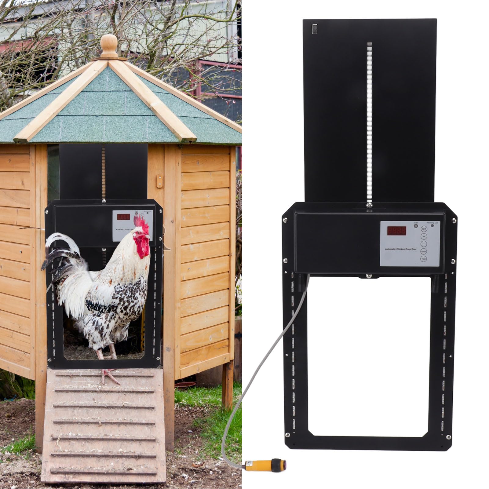 Porta automatica per pollaio 3 in 1, porta per pollaio con sensore di luce IP44 con temporizzazione, telecomando, display a LED Porte automatiche per pollai per polli, anatre, oche (Regno Unito)