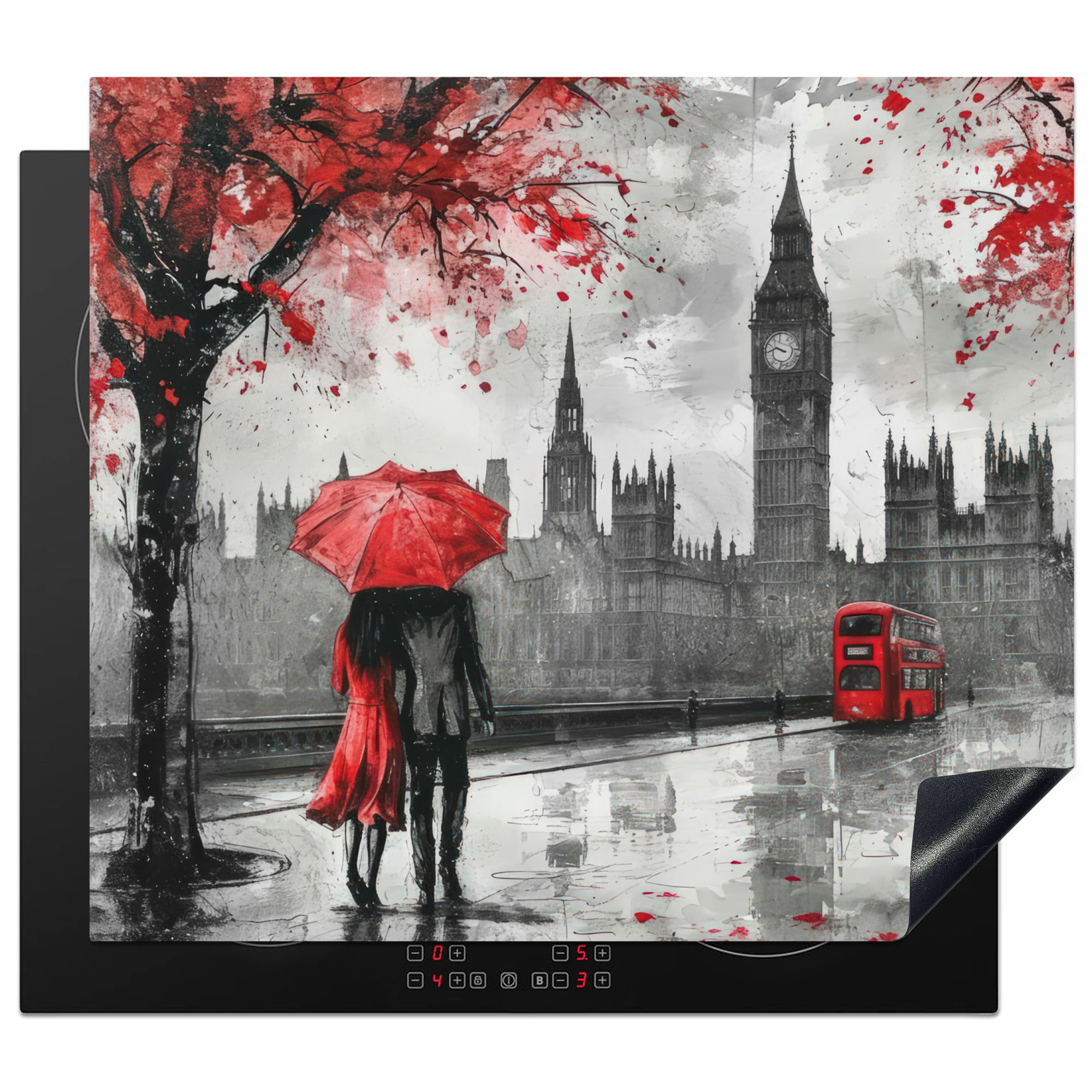 KitchenYeah© Induction Hob Protector Mat 20.1"x23.2" / 59x51 cm Cooker Top Protectors Cover Ceramic Covers Electric Hobs Vinyl London - Red - Black - Couple - Romantic