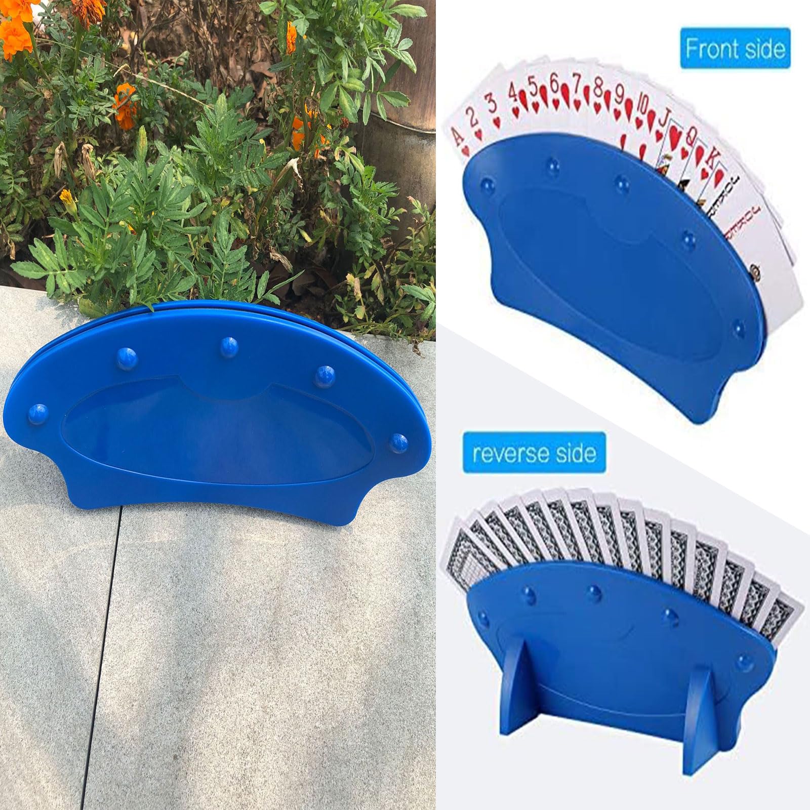 2 Pieces Playing Cards holder, Hands Free Playing Card Storage Box, Blue Plastic Standing Fan Shaped Playing Card Holder - Image 3