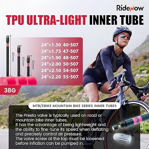 Miniatura 2 de RideNow - Paquete de 2 tubos interiores para bicicleta MTB de 242627.529 pulgadas para 1.3-2.01.9-2.5, con válvula Presta de metalTPU de 452.559 in,