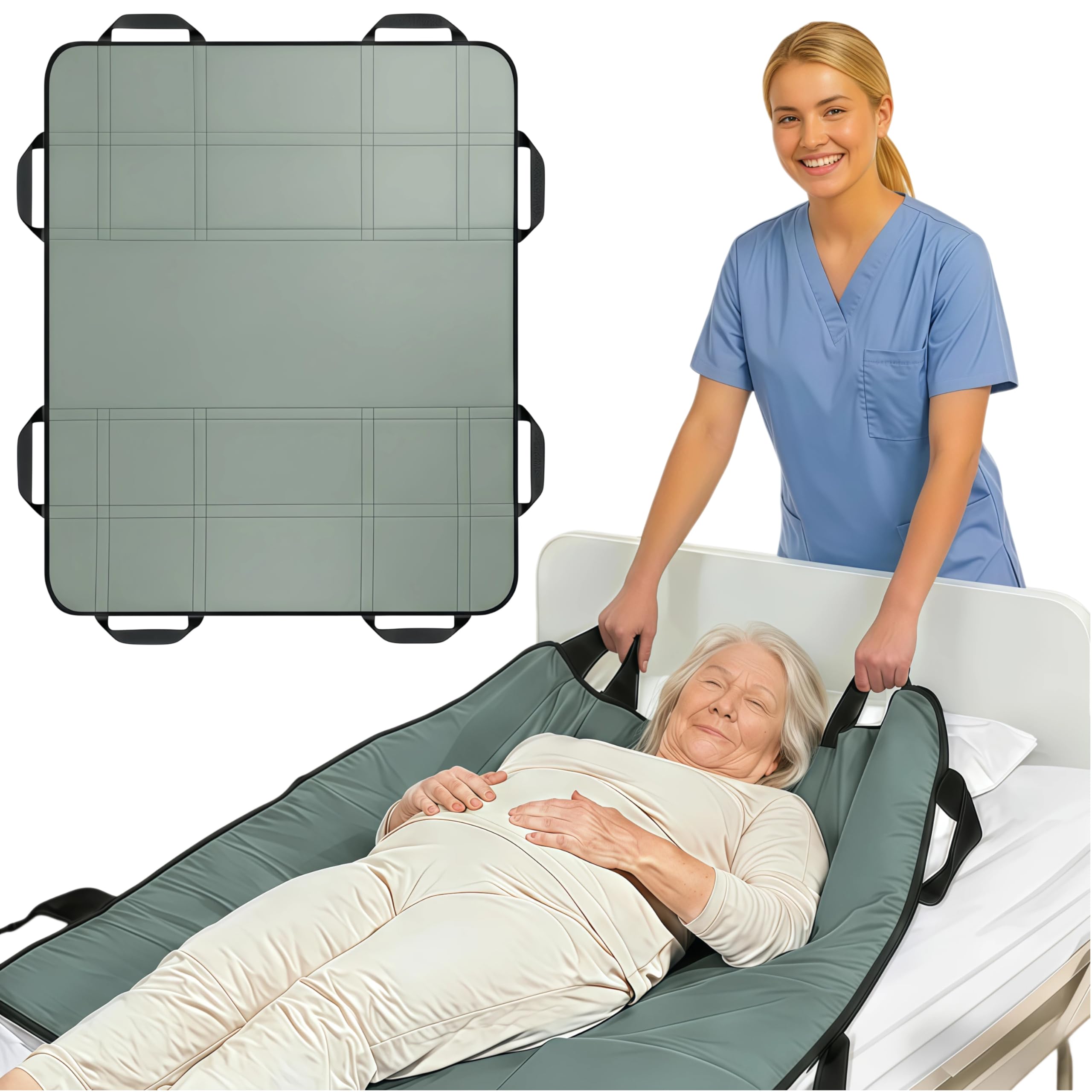 Upgraded 3-Layer Positioning Bed Pad with Handles, Transfer &amp; Slide Sheet for Elderly Care, Waterproof Washable Draw Sheet for Turning, Lifting &amp; Repositioning (48" x 40", Sage)