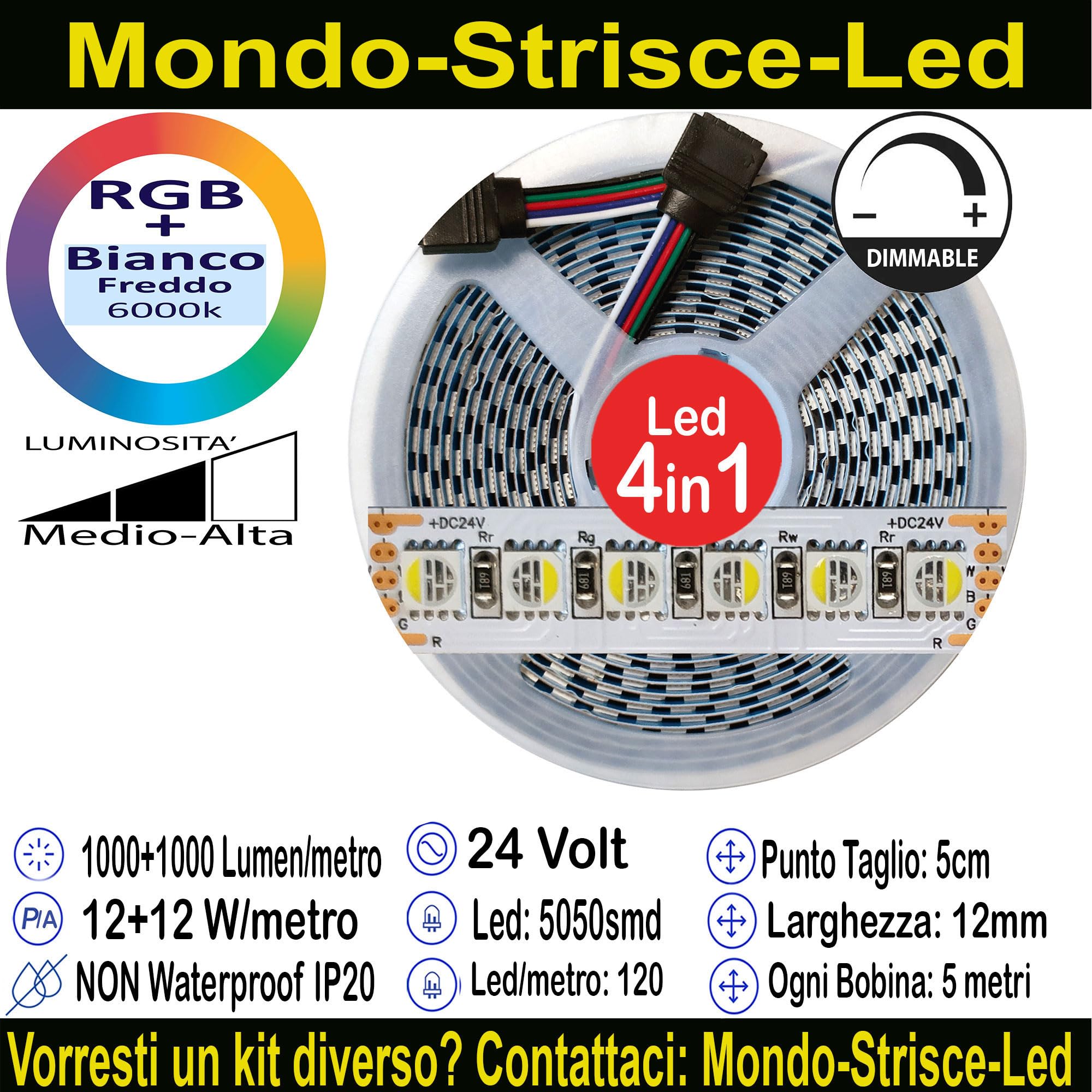 RGB+Bianco Freddo 4in1 24V. Kit da 10 Metri con 1 Trasformatore da 240w e 1 Controller +1 Telec.. Con 1200 Led RGB+W sviluppa 10000+10000 Lumen. Striscia RGBW Ip20