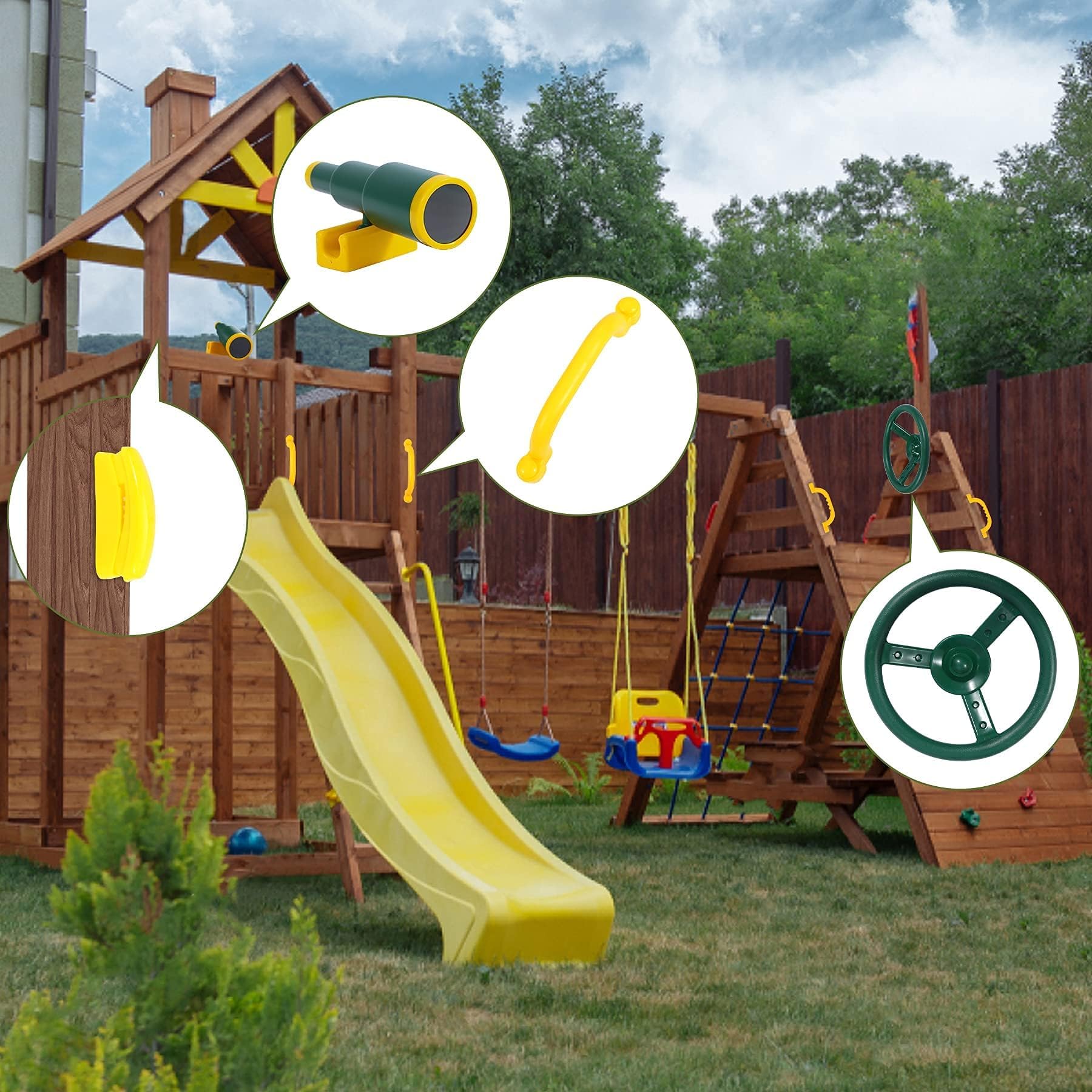 REDCAMP Spielturm Zubehör Set (7 STK), Kinder Spielzeug Set mit Lenkrad Teleskop Telefon 4 Sicherheitsgriffe, Outdoor Spielplatz Ausstattung für Klettergerüst Baumhaus Schaukel Garten