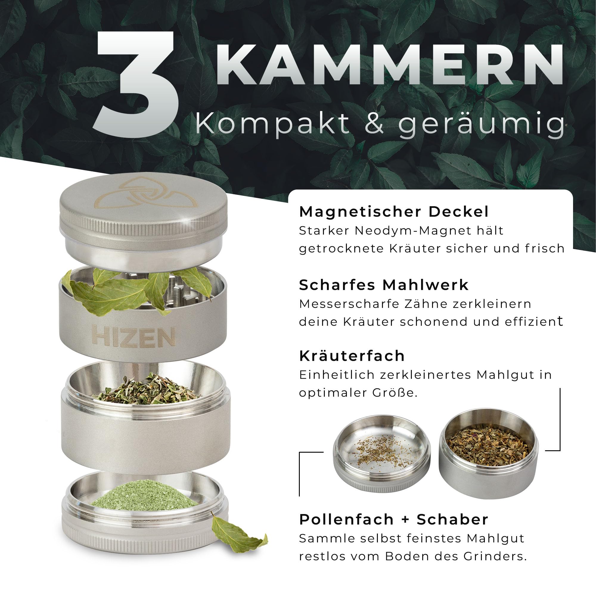 Grinder Edelstahl 4-teilig, unverwüstlicher Crusher mit Pollenfach + Schaber, Kräutermühle, Gewürzmühle - abriebfest, magnetisch - Silber Matt Ø4.9cm