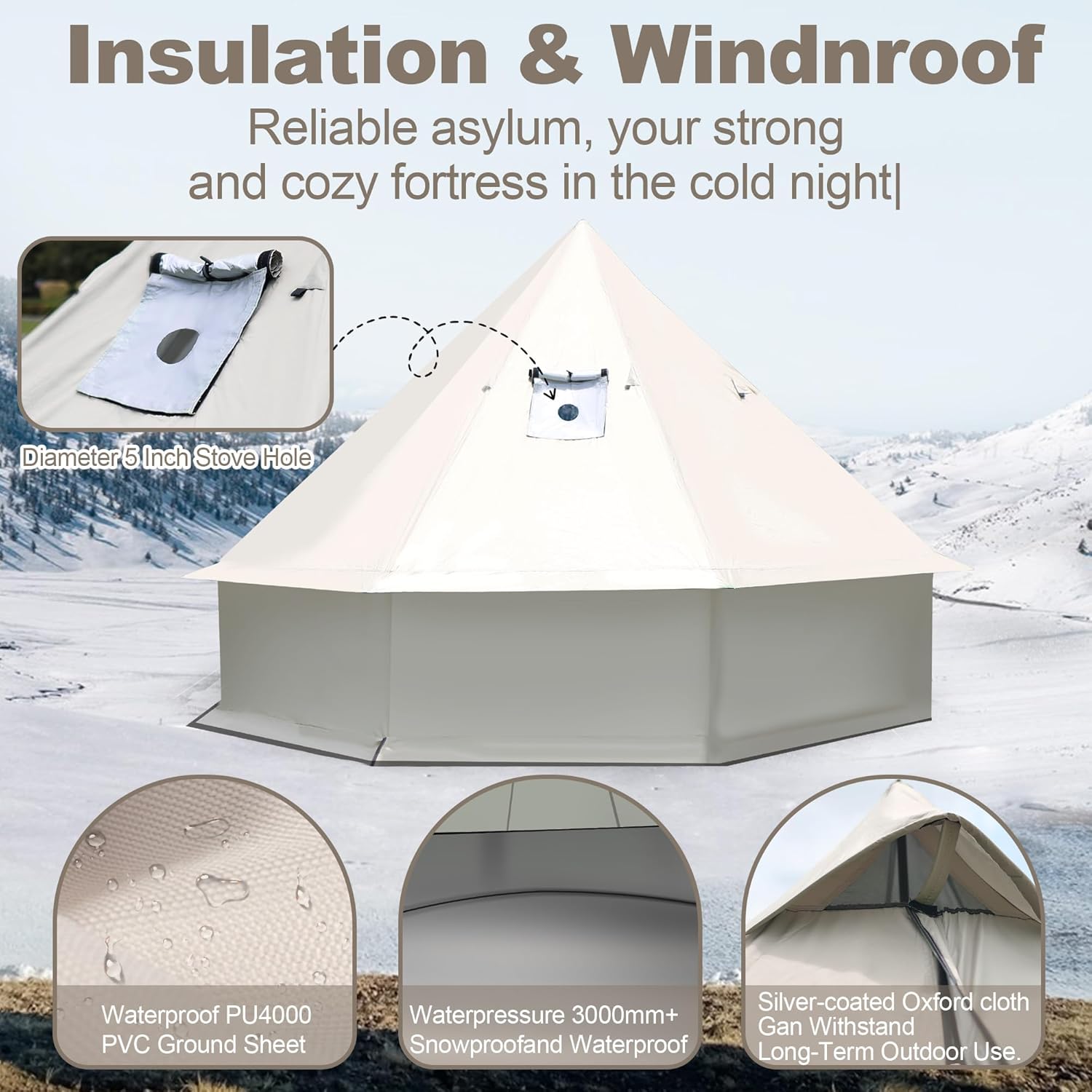 Yurt Tent, 118 x 118 x 79 in, 4-Season Camping Tent with Stove Jack, 2-3 Person Oxford Tents, Waterproof Bell Tent and Windproof, Easy Setup,Traveling Hiking Picnic