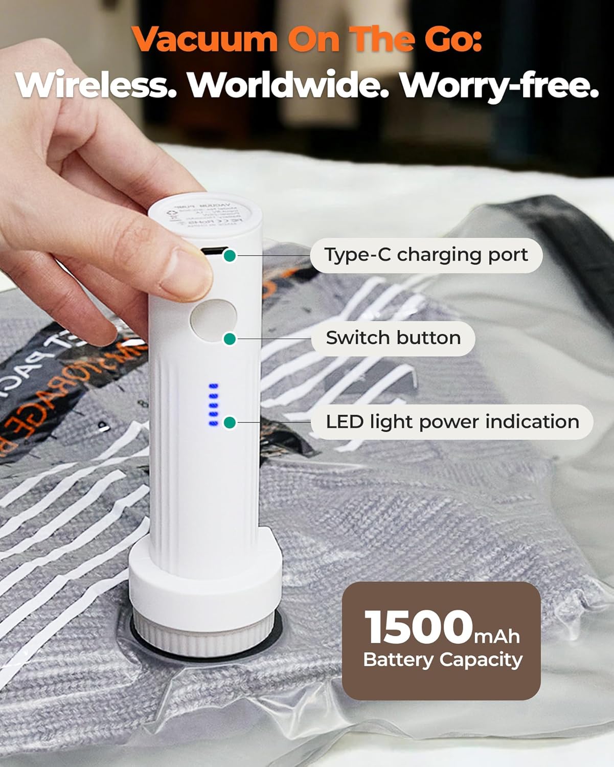 BAGSMART Rechargeable Wireless Pump Travel Storage Bags Set, Portable Space Saver Bags for Travel & Home, Vacuum Compression Seal Bag for Clothing- 15 combo bags - Image 2