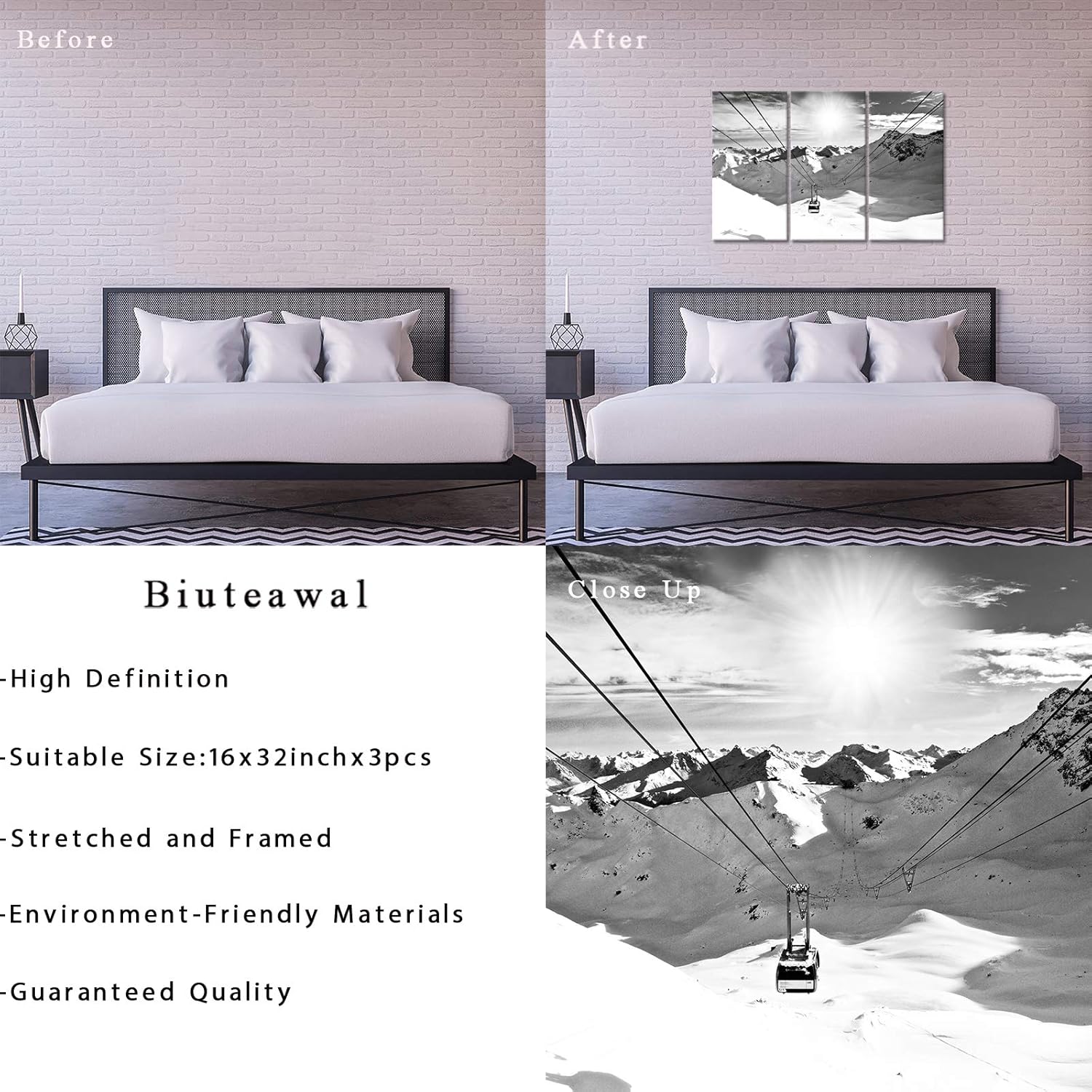 Biuteawal 3 Piece Winter Wall Art Black and White Ski Lift at Sunshine Pictures Canvas Print Snow Mountain Landscape Painting Artwork for Home Living Room Decor Framed Ready to Hang