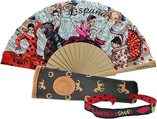 Pack de Abanico con Dibujo Baile Flamenco con Funda Artesanal Hecha en Ubrique y Pulsera de Tela – Diseño Tradicional Español Souvenir o Regalo (Blanco Marrón)