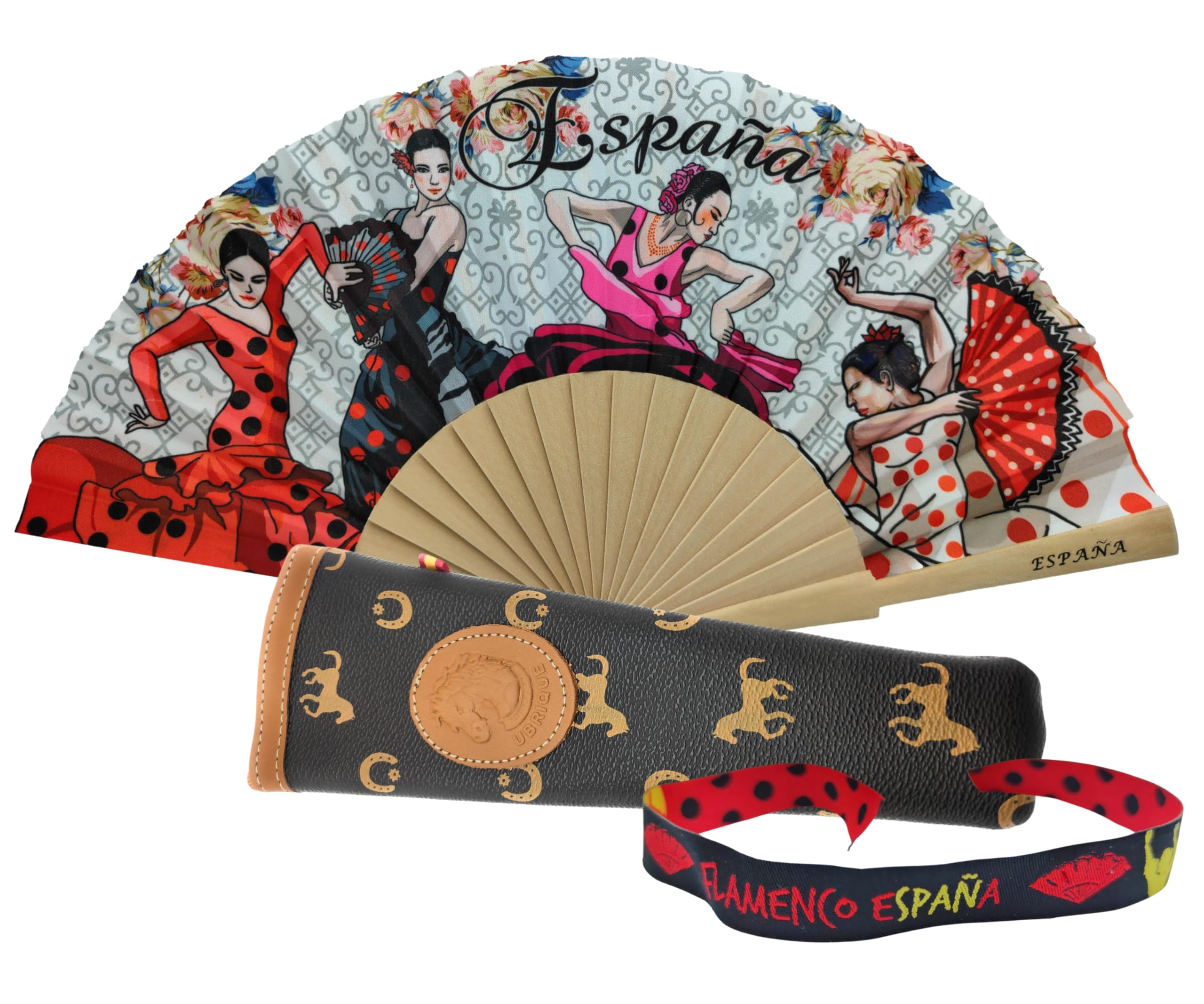 Pack de Abanico con Dibujo Baile Flamenco con Funda Artesanal Hecha en Ubrique y Pulsera de Tela – Diseño Tradicional Español Souvenir o Regalo (Blanco Marrón)