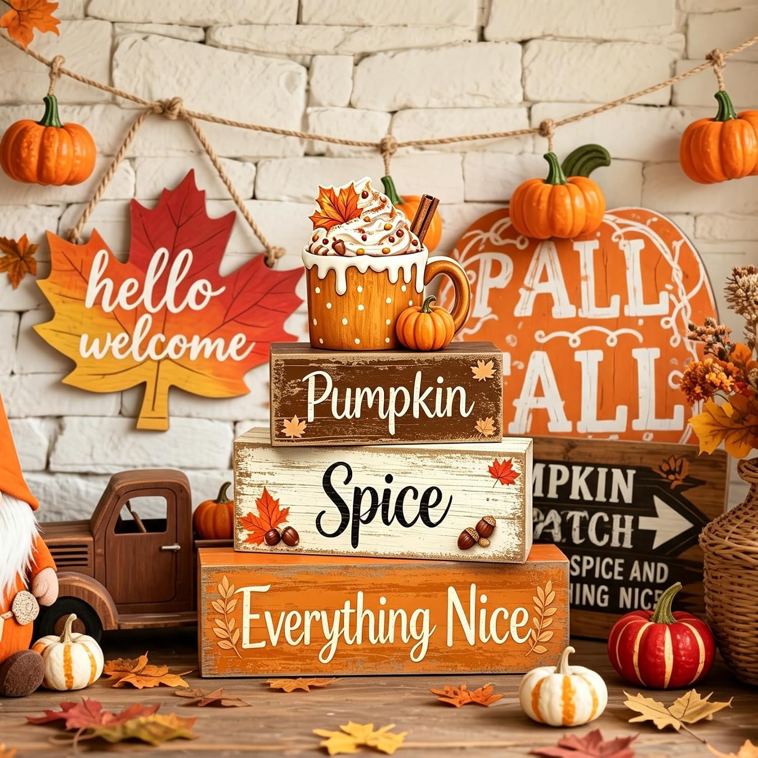 4 Pcs Pumpkin Spice Fall Tiered Tray Decor, Rustic Wooden Stacked Block Signs, 3D Pumpkin Latte Cup Topper Autumn Coffee‑Bar Table Centerpiece, Farmhouse Thanksgiving Harvest Home Shelf Decor