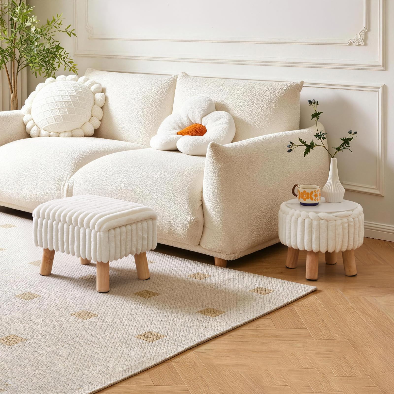 Aibiju Pouf Piccolo con Contenitore, Pouf Rotondo in Velluto con Gambe in Legno, Tavolino, Poggiapiedi, Seduta Extra per Ingresso, Soggiorno, Camera da Letto, Bianco YD-JD153W