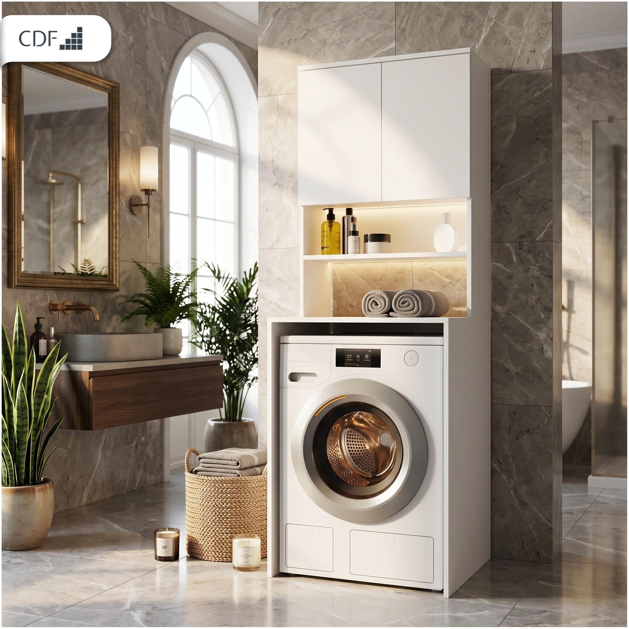 CDF Armario de baño poste para lavadora y detergentes - Estante de baño de lavandería - Muebles para accesorios de baño Medidas de limpieza funcional práctico - Ahorro de espacio - Campos Blancos