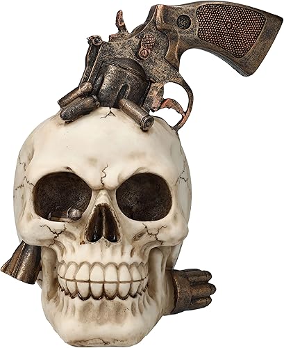 Miniatura 3 de Pacific Giftware Calavera con estatua de revólver, figura espeluznante de Halloween, accesorio navideño del día de los muertos, decoración de cabeza