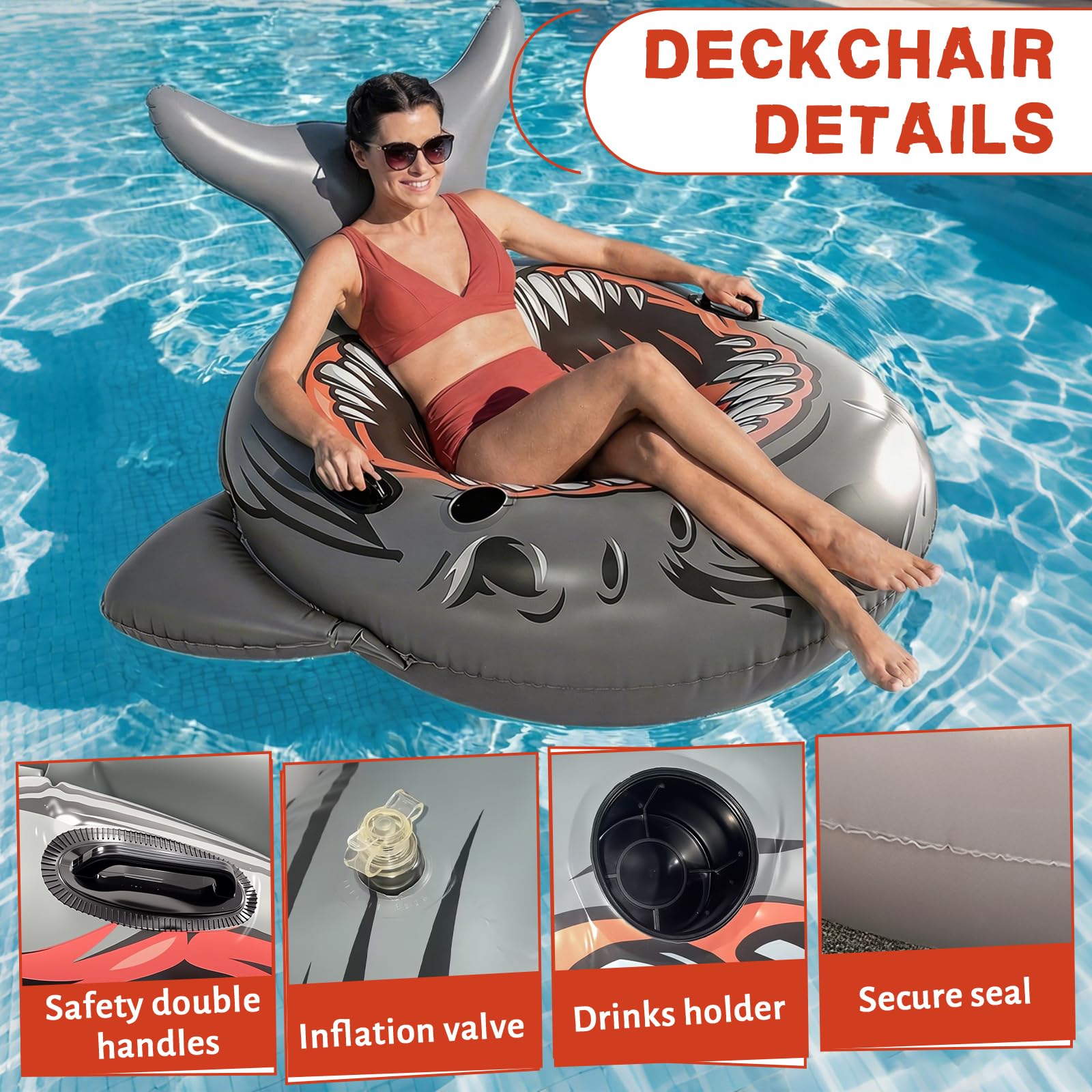 Galleggiante gonfiabile a forma di squalo, galleggiante gonfiabile per feste in piscina, per adulti, galleggiante gonfiabile gigante per piscina