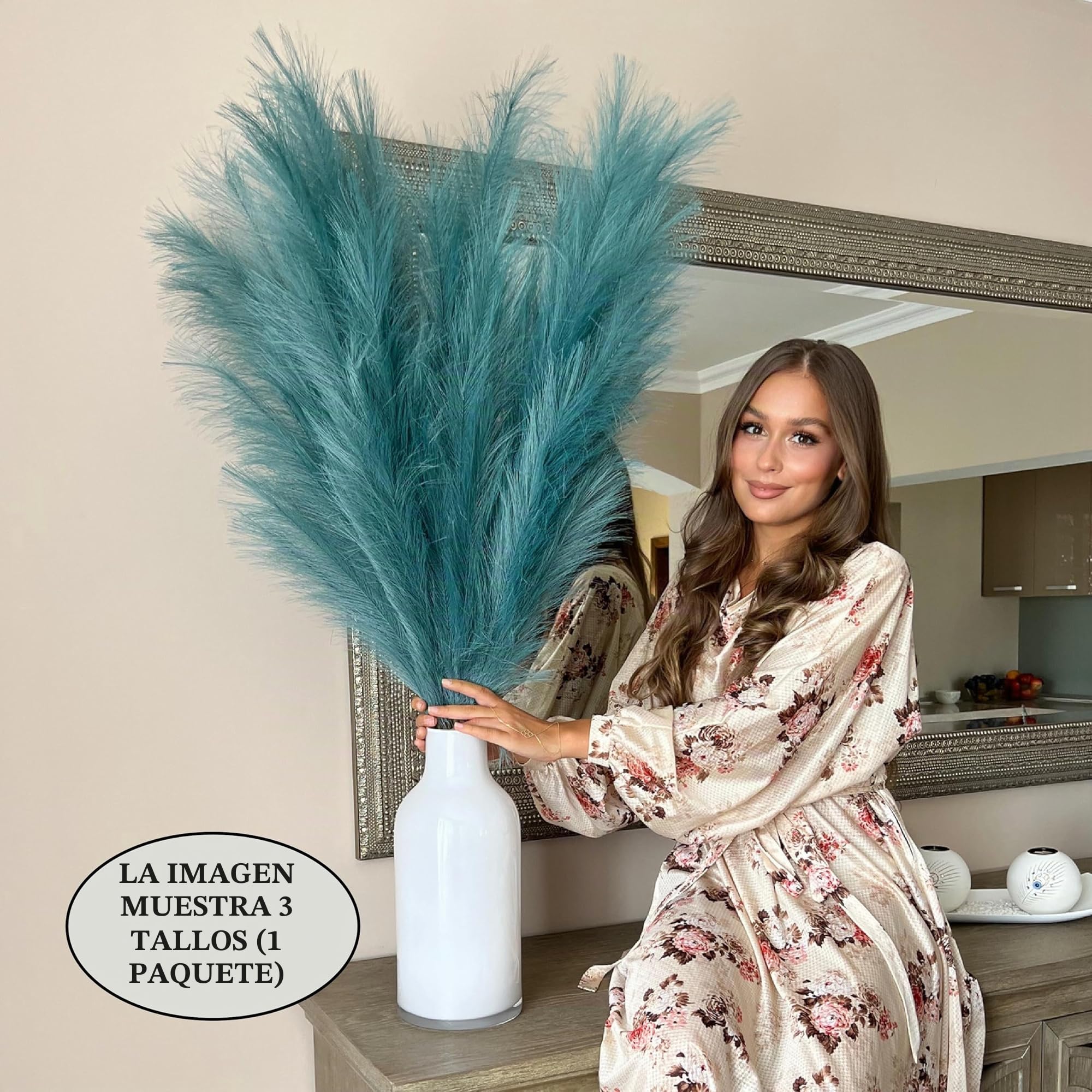 Pampa artificial de pavo real extra grande, 3 tallos de 115 cm, 18 plumas artificiales decorativas para jarrones de suelo, plantas de pavo real, flores largas de pampas, P-01