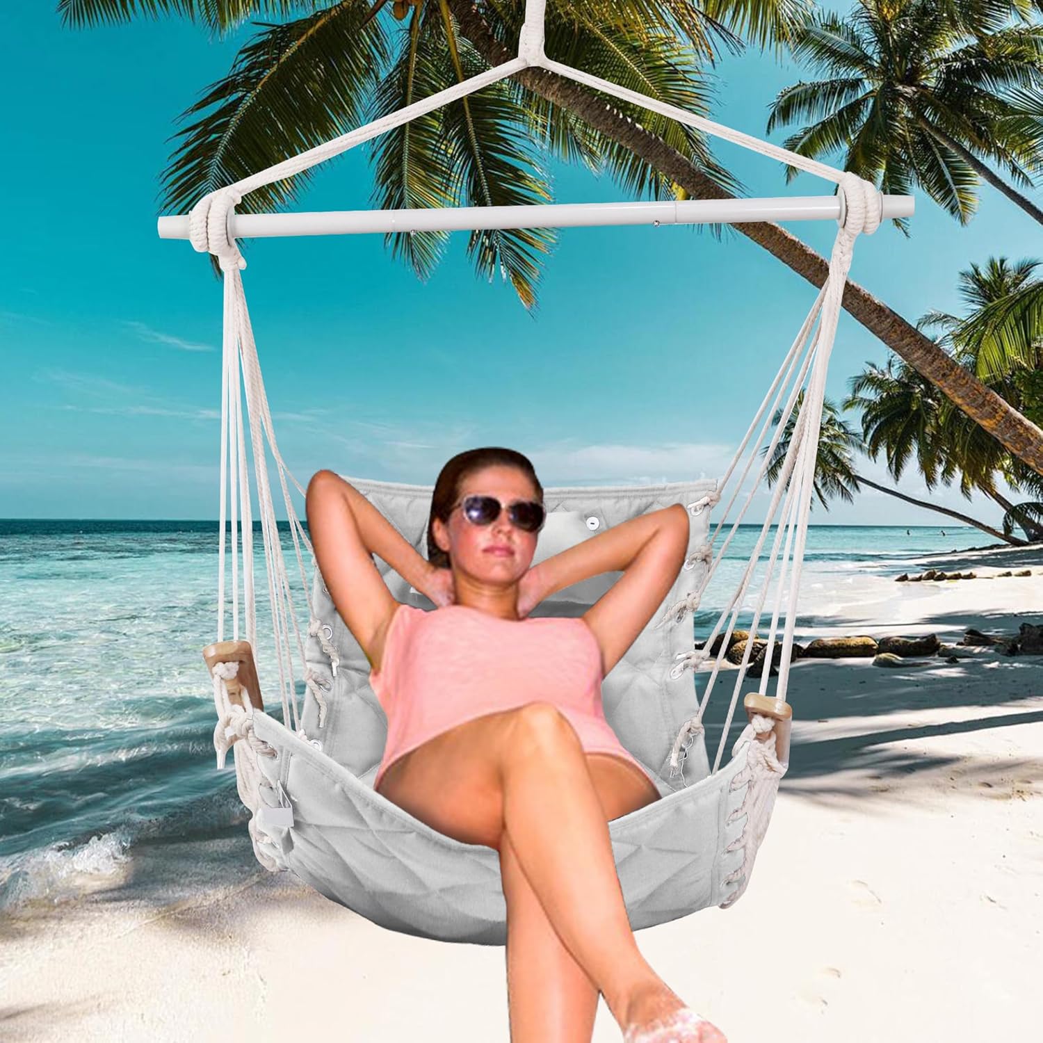 Hammock Chair Hanging Swing with Wooden Armrests;Steel Spreader Bar,Pillows,Hardware kit Included;Cotton Woven Fabric;Up to 350 Lbs,for Indoor Light Grey - Image 7